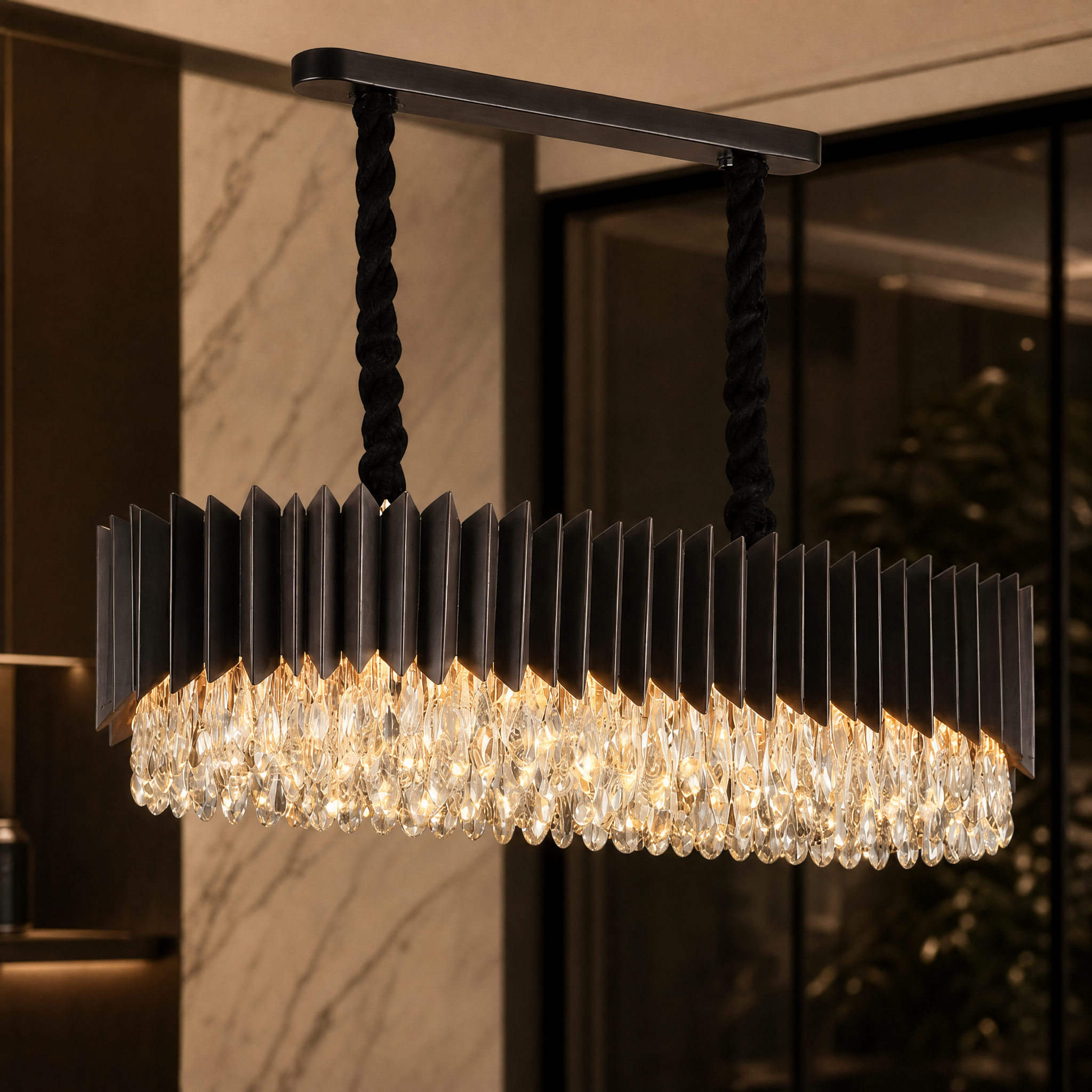 A detailed closeup of the VORELLI Doral rectangular chandelier highlighting the intricate diamond-cut teardrop crystals and premium craftsmanship.