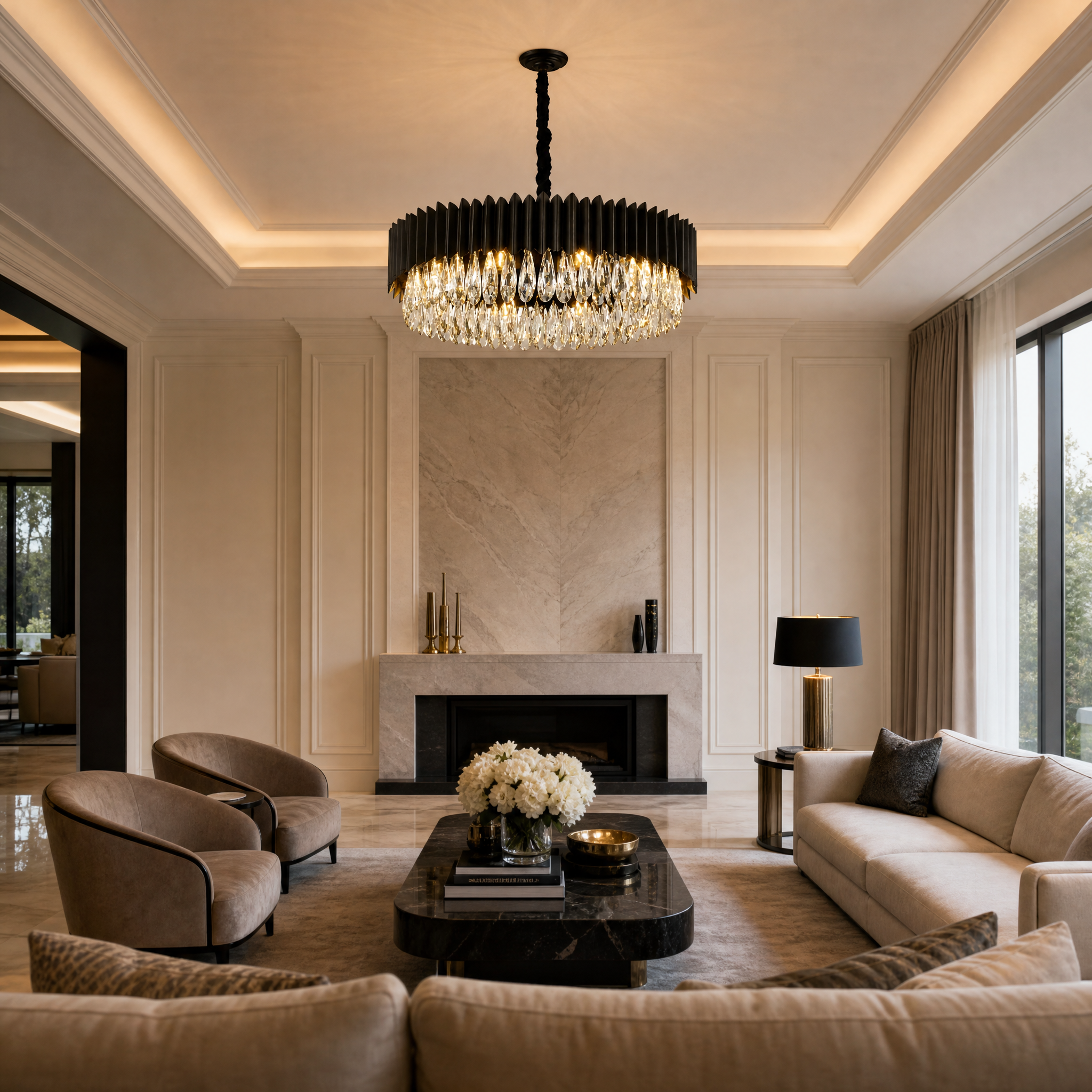 VORELLI Doral circular crystal chandelier hanging in a modern, luxurious residential living room, casting a warm and inviting glow.