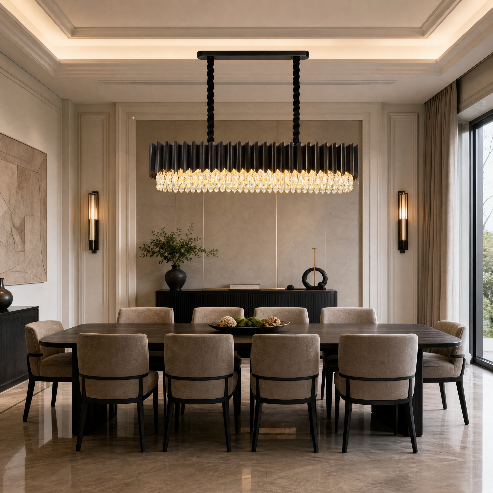 VORELLI Doral rectangular chandelier with diamond-cut teardrop crystals illuminating a modern luxury residential dining room area.