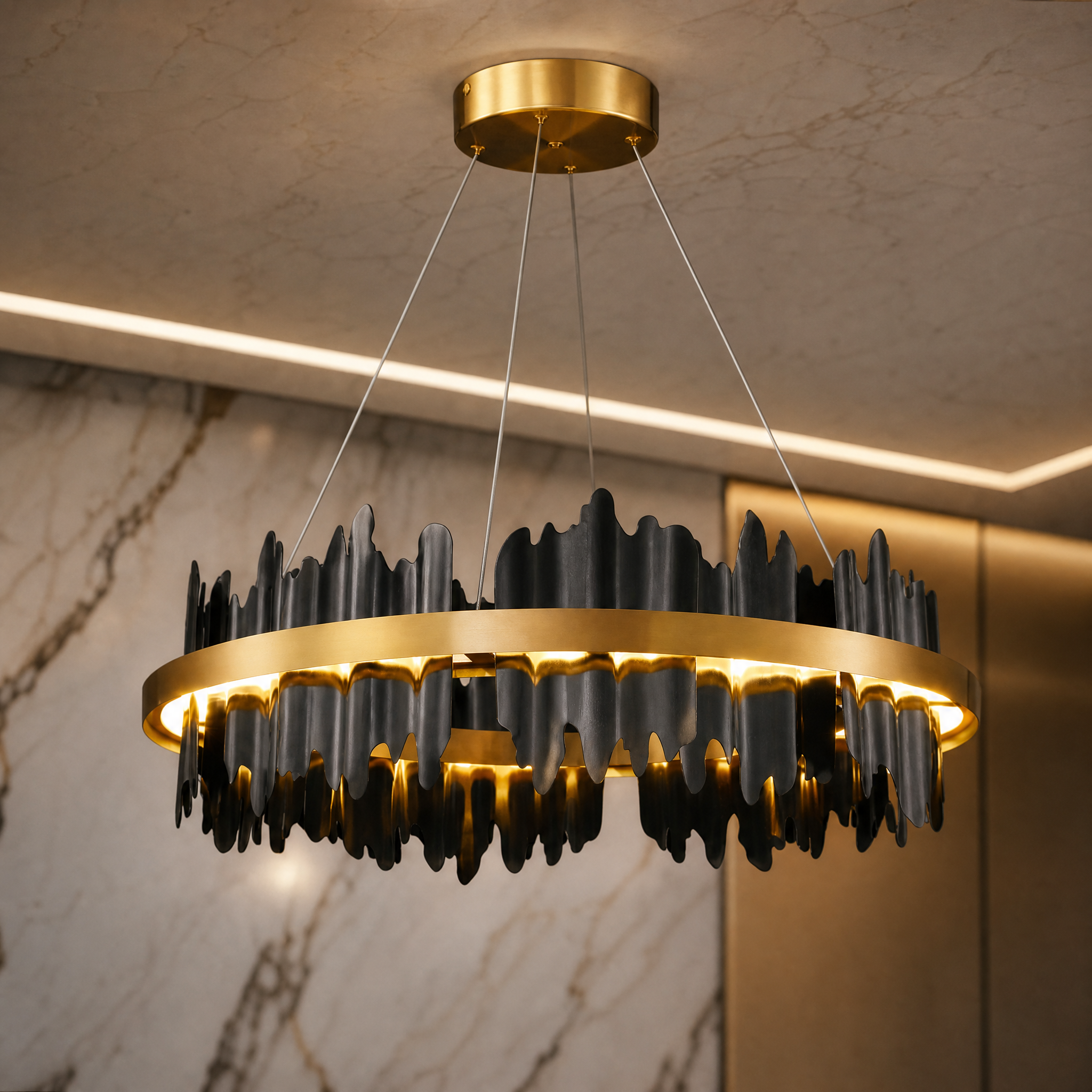 A detailed closeup of the VORELLI Douala Circular Chandelier, highlighting its unique decorative elements inspired by Cameroonian culture.