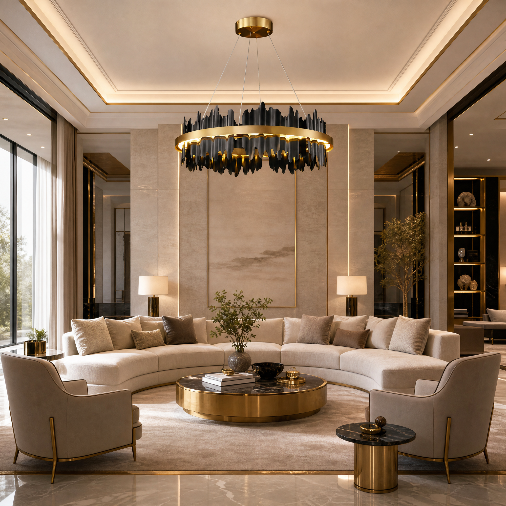The VORELLI Douala Circular Chandelier casting a warm, dynamic glow over a contemporary, upscale residential living space.