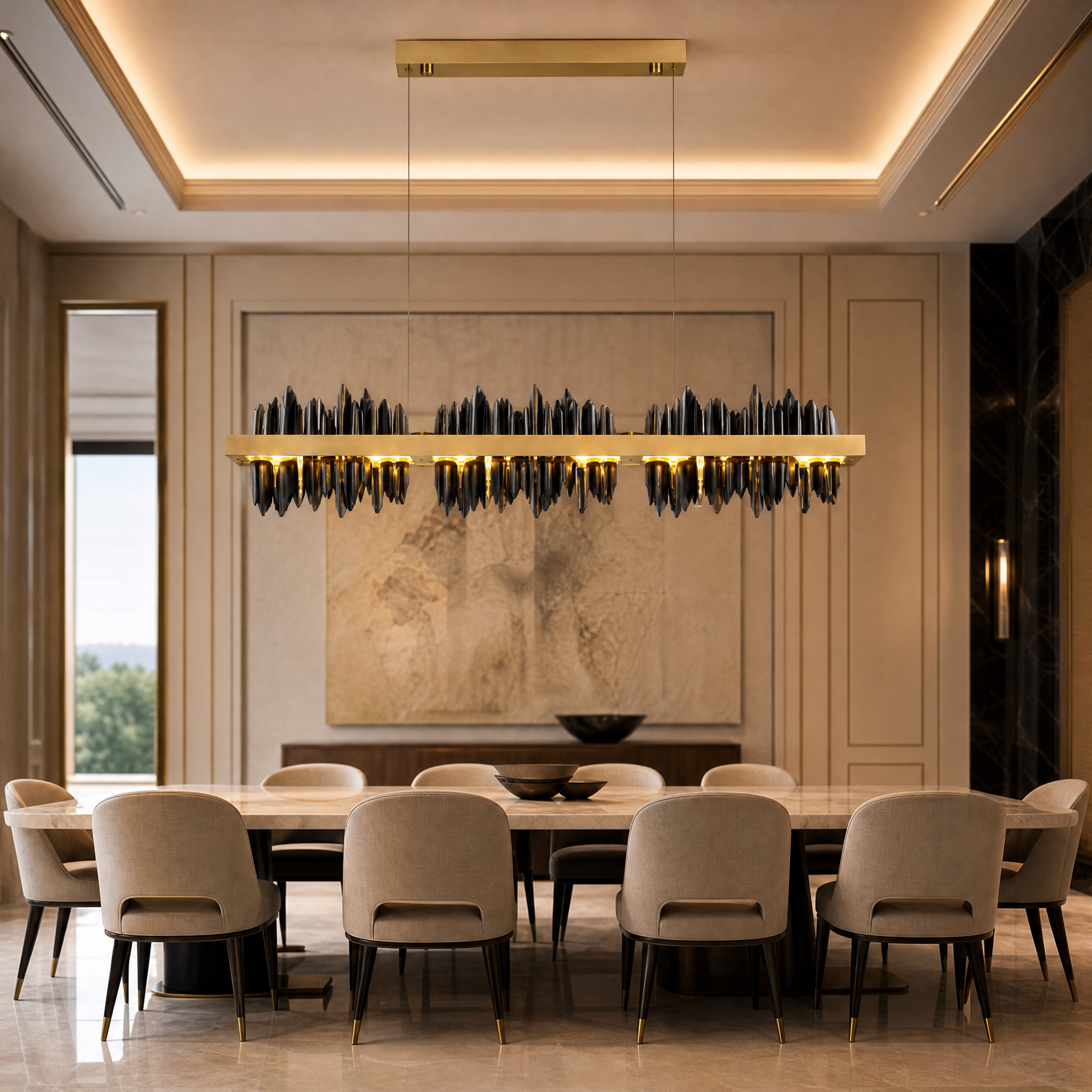 The VORELLI Douala Rectangular Chandelier casting a warm, sophisticated glow over a contemporary residential dining room table, highlighting its edgy and quirky elegance.