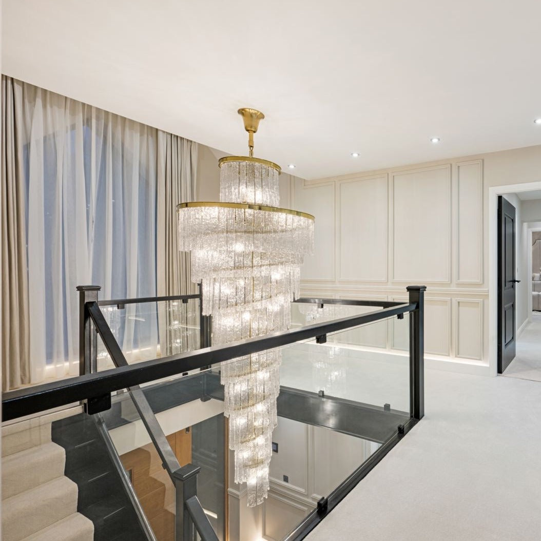 Diamond cut crystal detail on Dunleavy spiral staircase chandelier