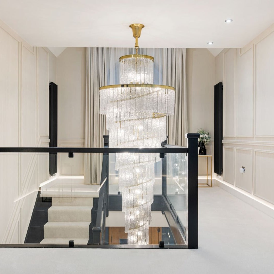 Spiral crystal staircase chandelier with multi-tier cascading design for high ceilings