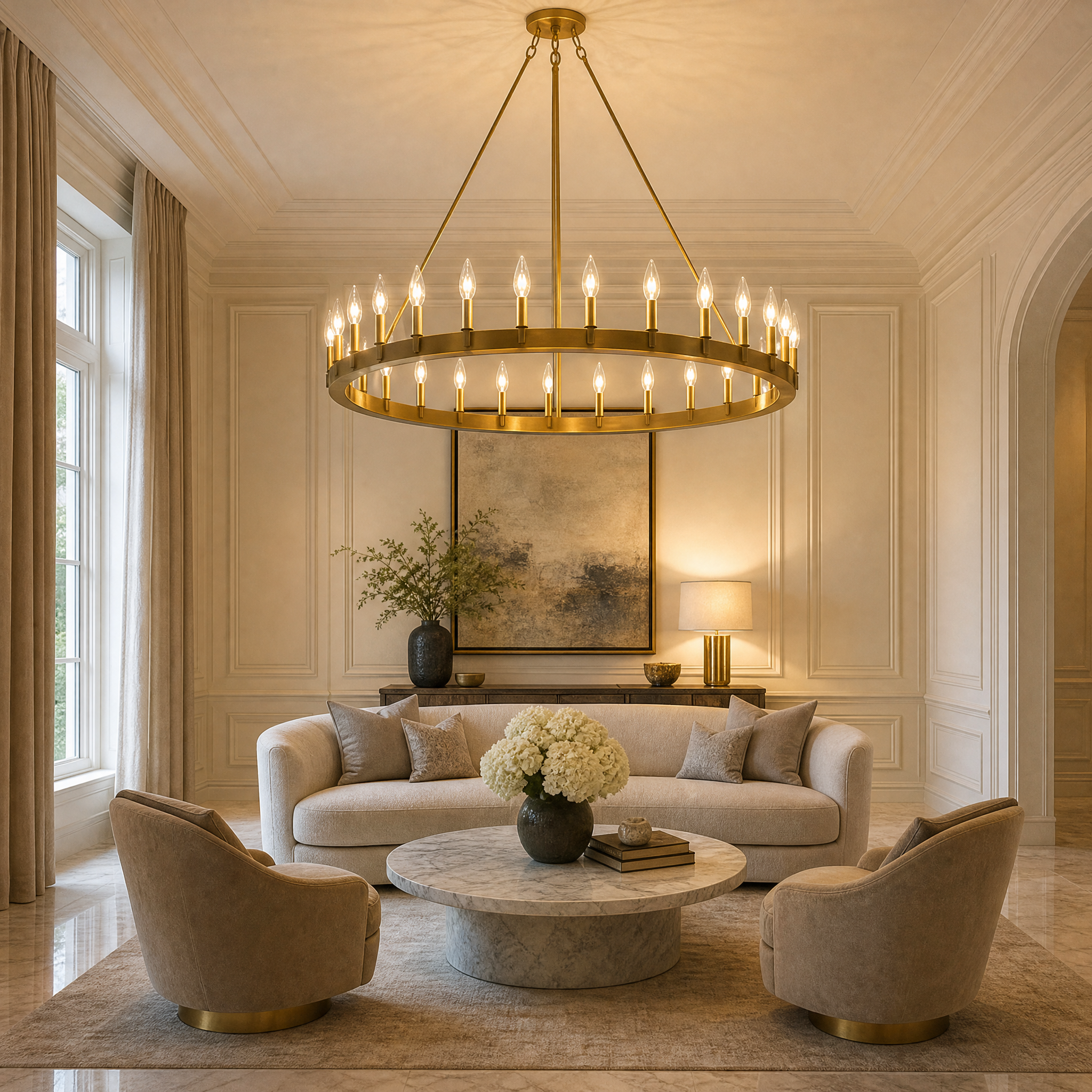 A warm and inviting residential living room illuminated by a crystal chandelier fitted with VORELLI E14 LED dimmable 5W candle lamps emitting a cozy 2700K warm white glow.