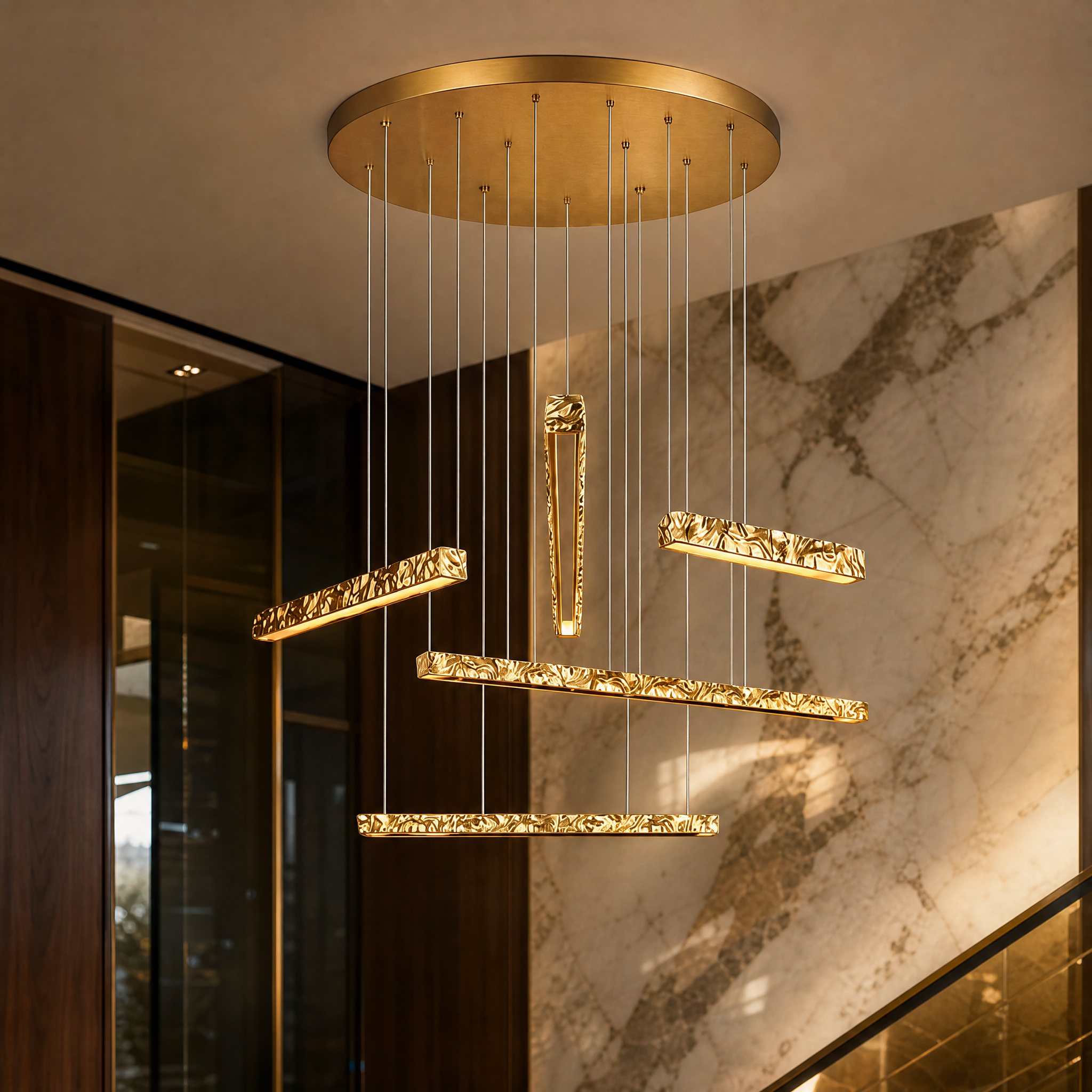 Close-up shot of the VORELLI Ecliptica staircase chandelier showing the detailed artistic texture of the suspended gold pendants.