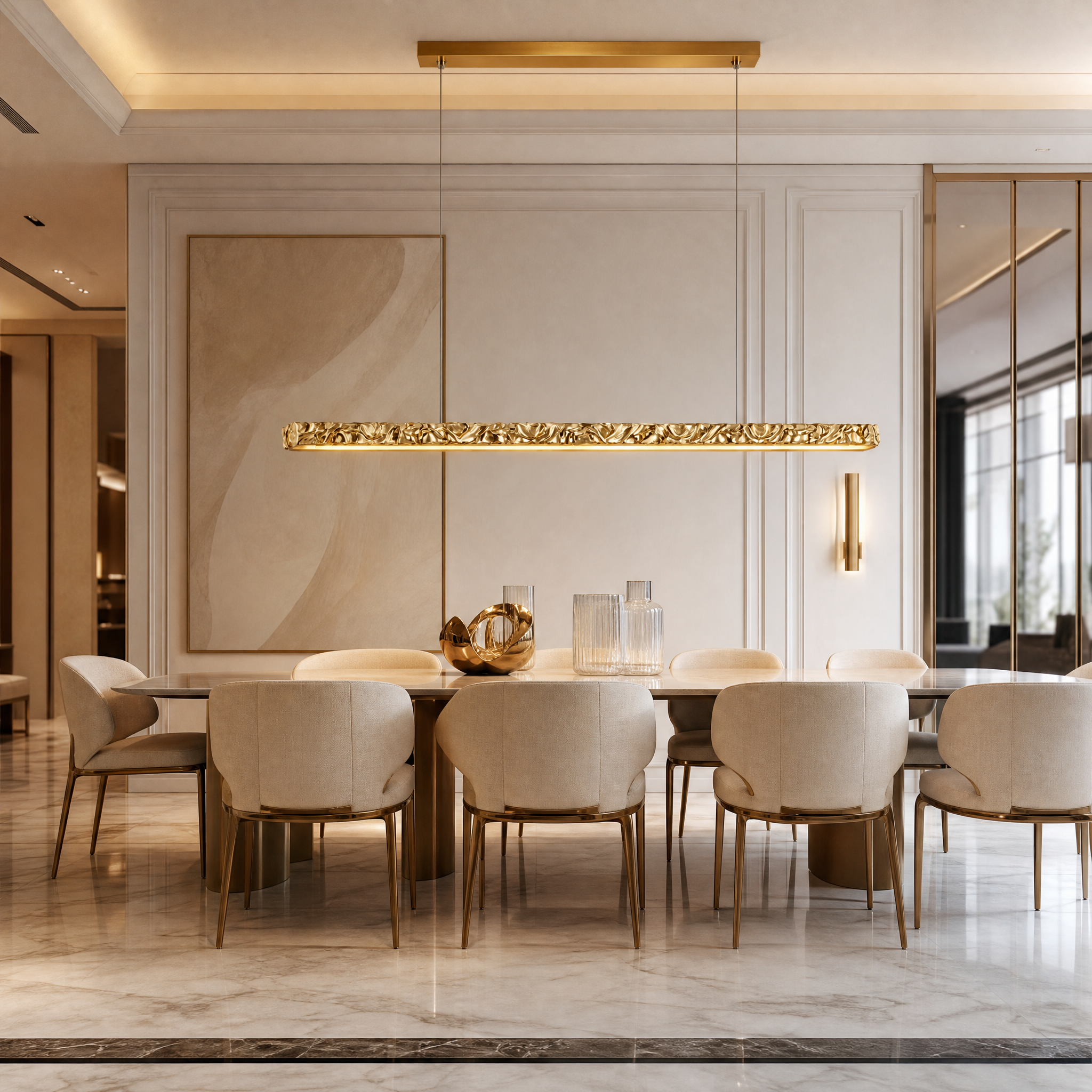 VORELLI Ecliptica rectangular gold chandelier casting a warm, even glow over a luxury modern dining room table setup.