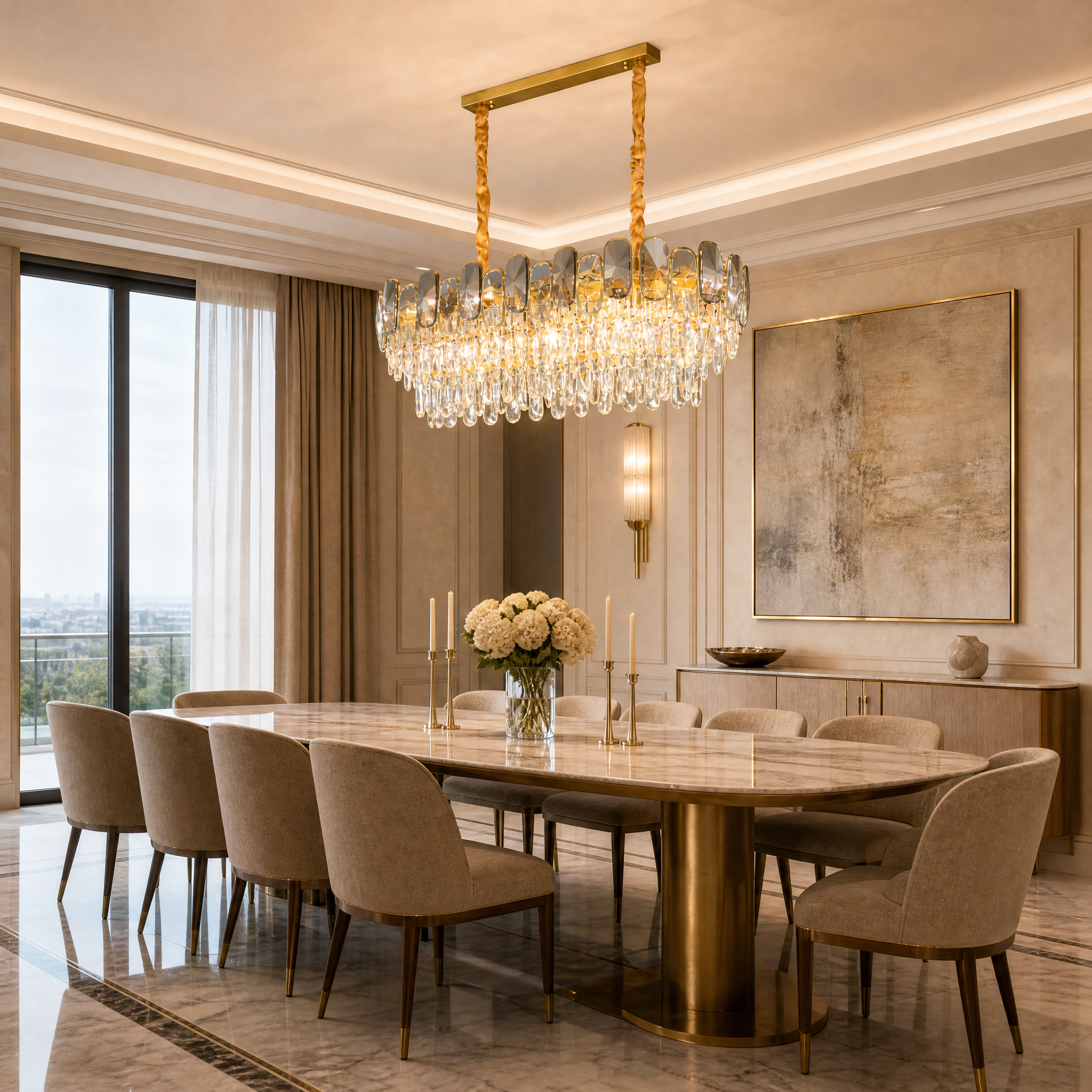 The Vorelli Edmond Rectangular Chandelier installed in a luxury modern dining room, showcasing upscale residential interior design.
