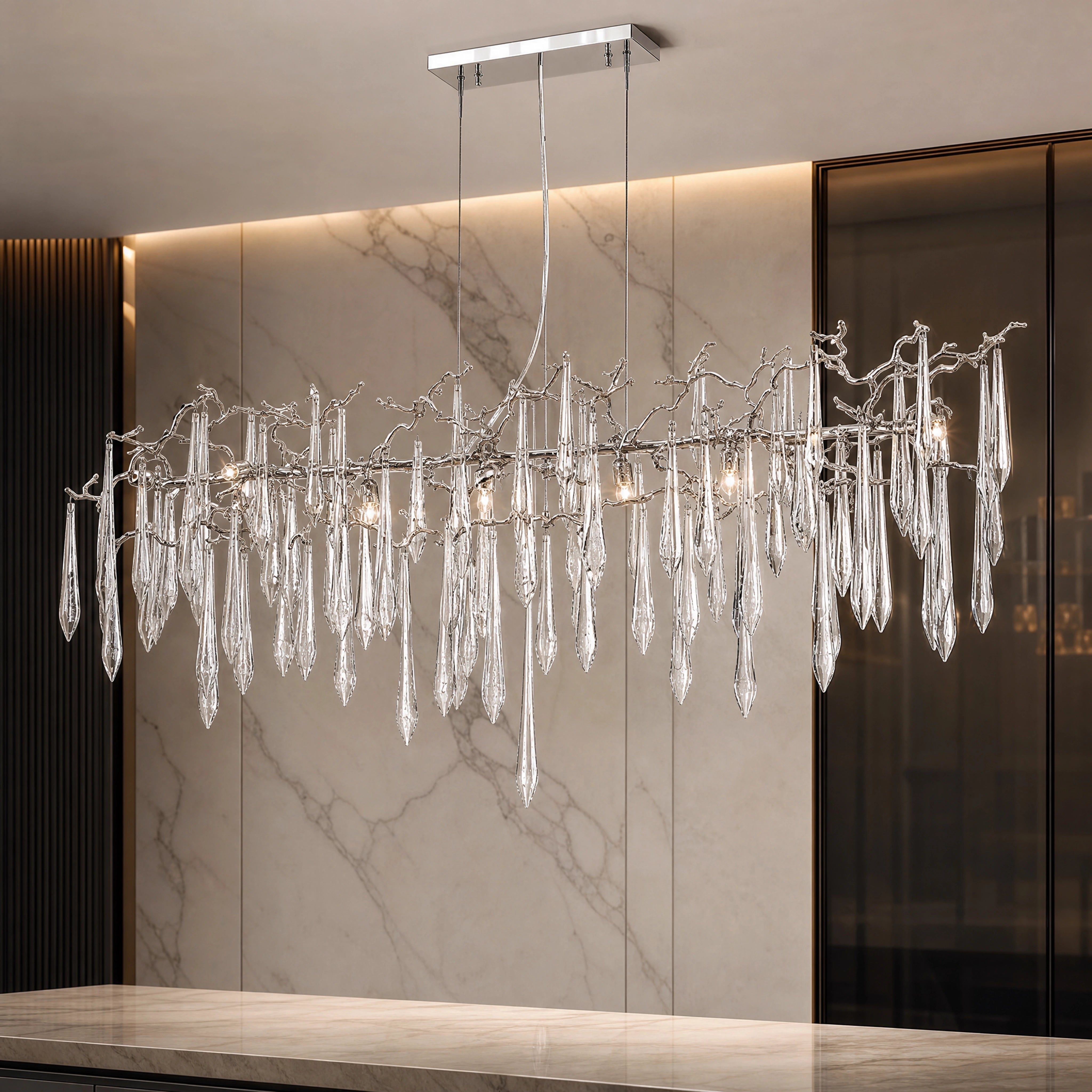 Eldoria Rectangular Chandelier close-up luxury lifestyle hero image by VORELLI