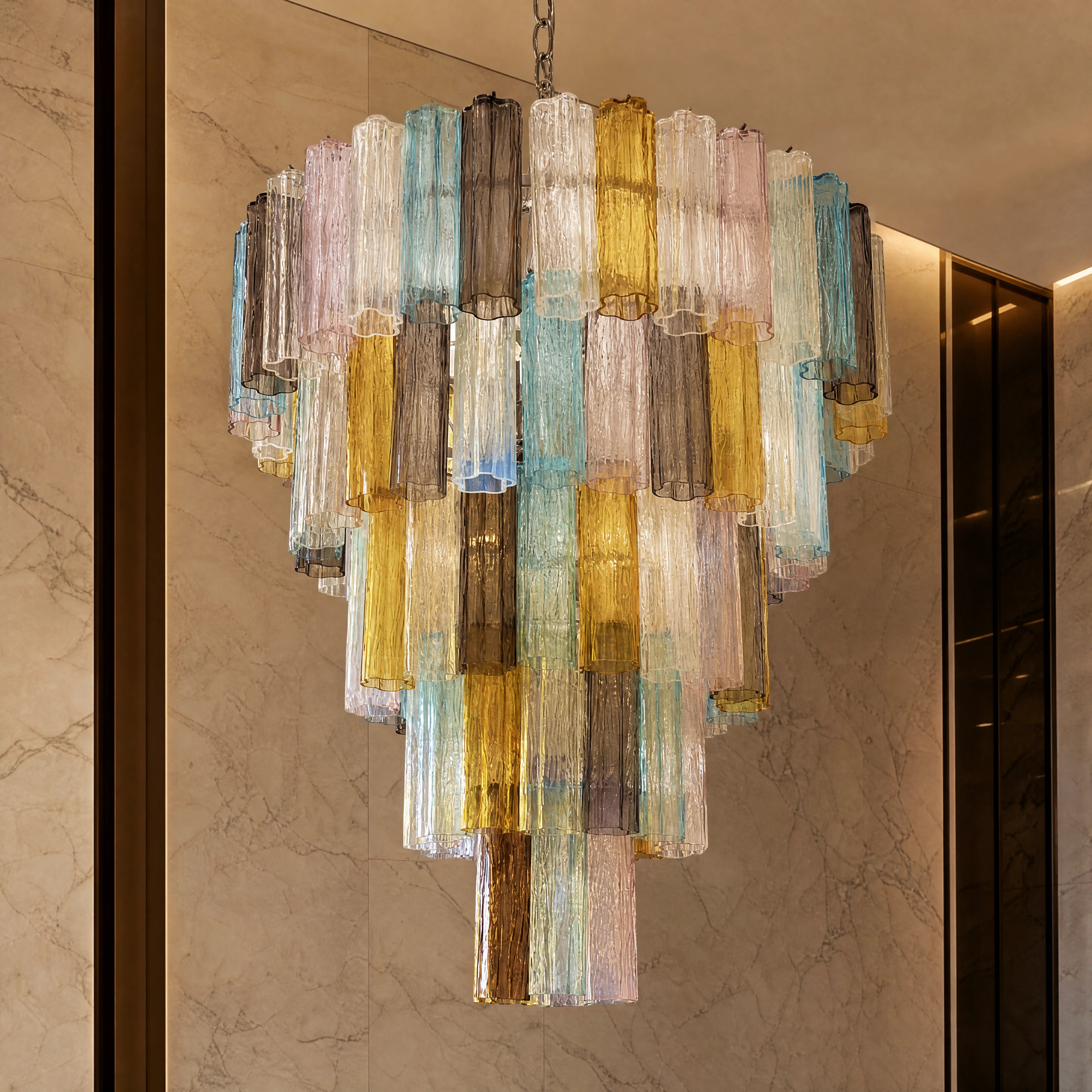 Emiliana Tronchi Murano Glass Staircase Chandelier close-up luxury lifestyle hero image by VORELLI