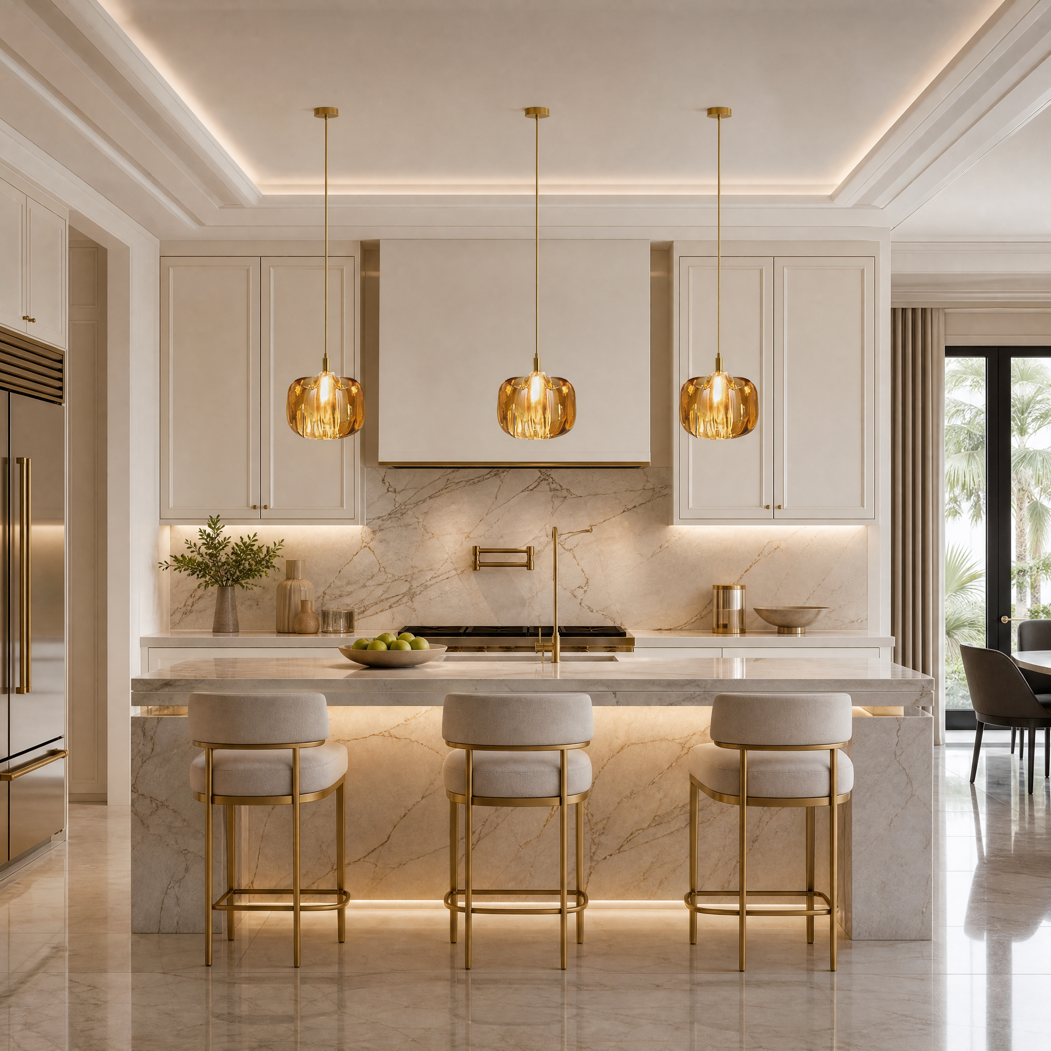 Modern residential dining room interior featuring the VORELLI Emiliano crystal globe pendant light casting a warm elegant glow over a contemporary table setting.