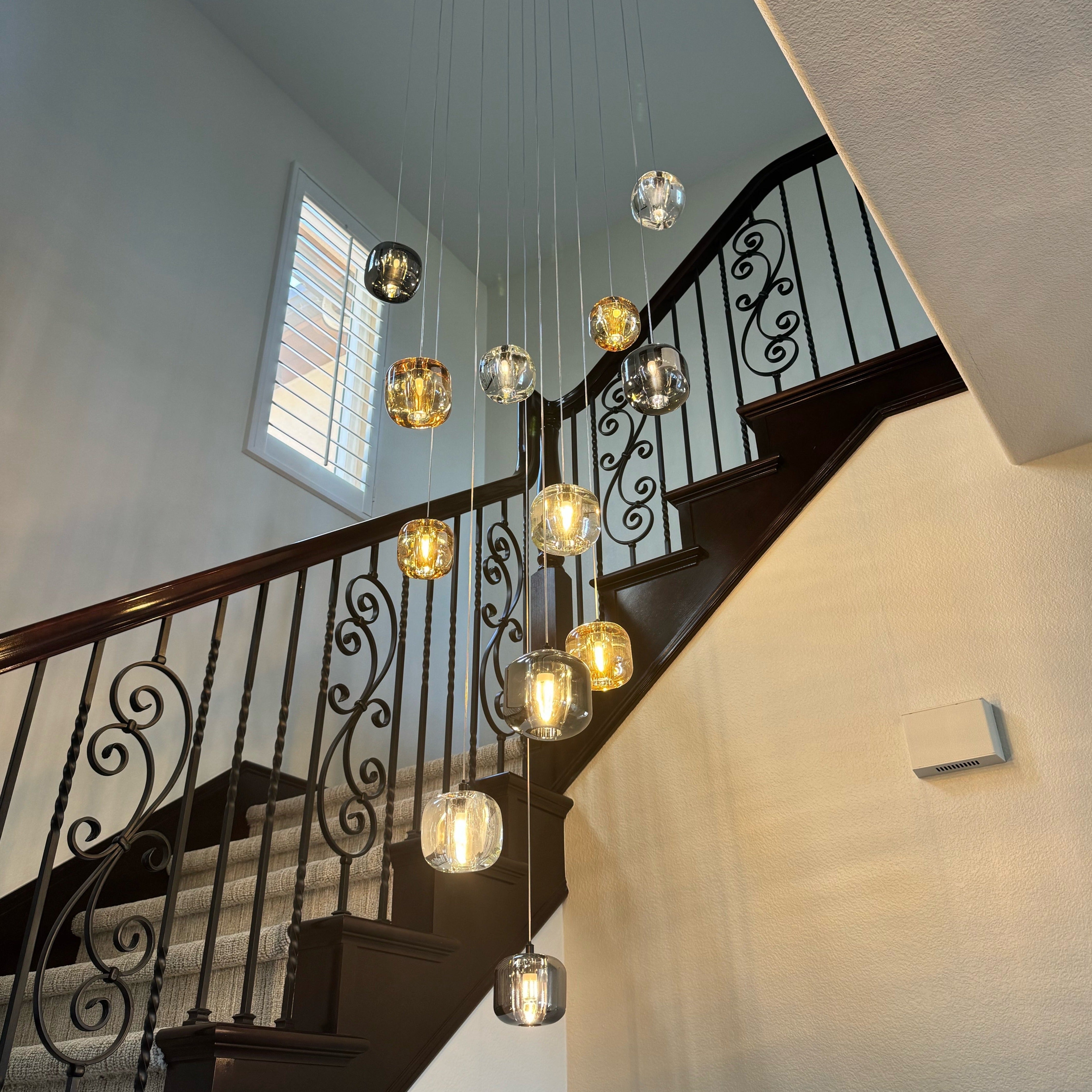 Luxury circular ceiling plate with suspended glass pendant lights for staircase chandelier