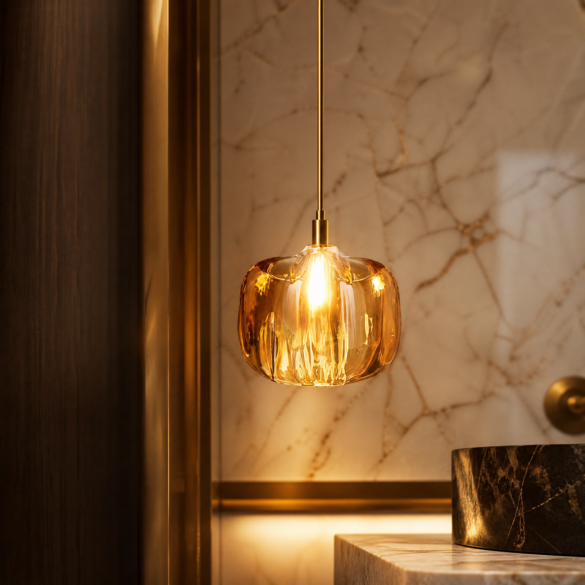Detailed close-up shot of the refined clear crystal globe and sleek contemporary fixtures of the VORELLI Emiliano luxury pendant light.
