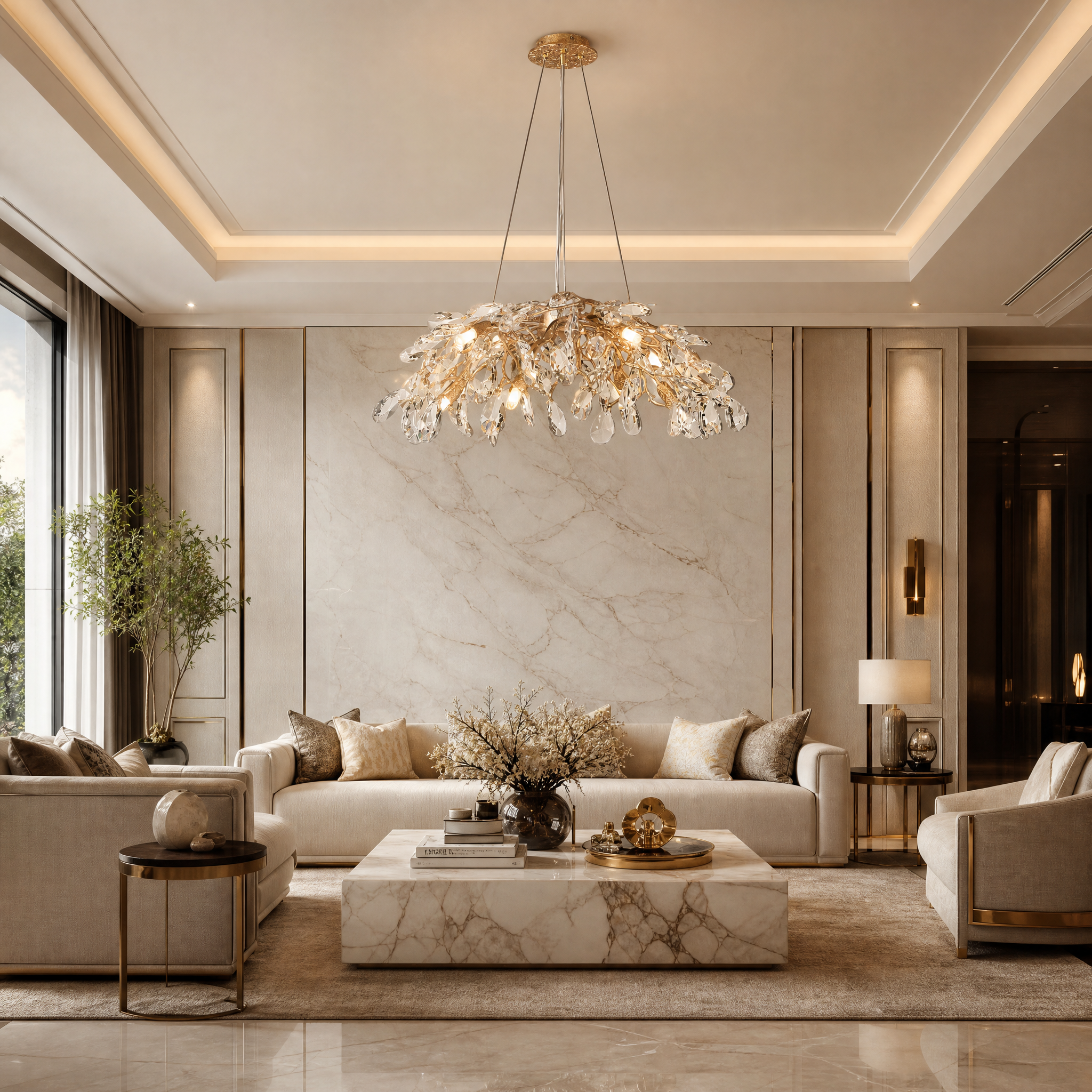 The VORELLI Entwine circular chandelier hanging as a statement centrepiece over a luxury residential living room dining table, featuring flowing sculptural branches and glowing crystal drops.
