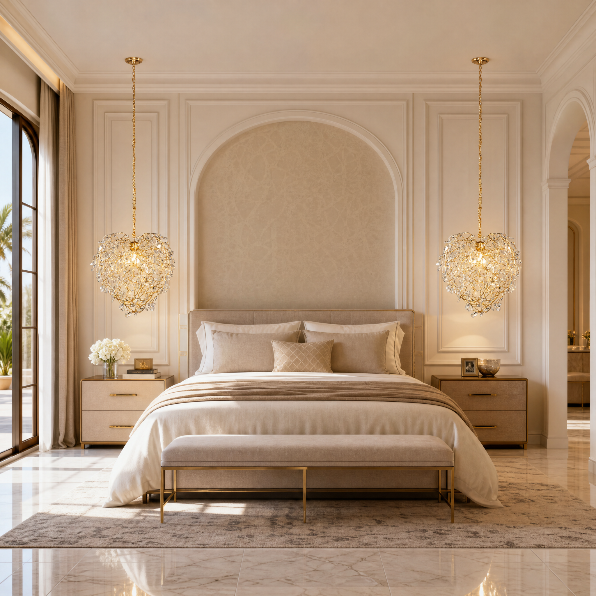 The VORELLI Entwine Heart Pendant Light casting a soft, romantic glow over a luxury bedroom interior with refined decor.