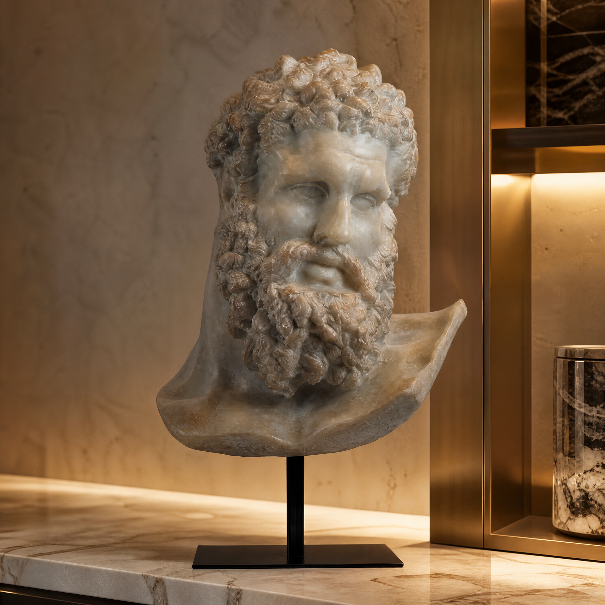 A detailed closeup shot showcasing the intricate, aged plaster finish and fine sculptural textures of the VORELLI Ercole Hercules bust.