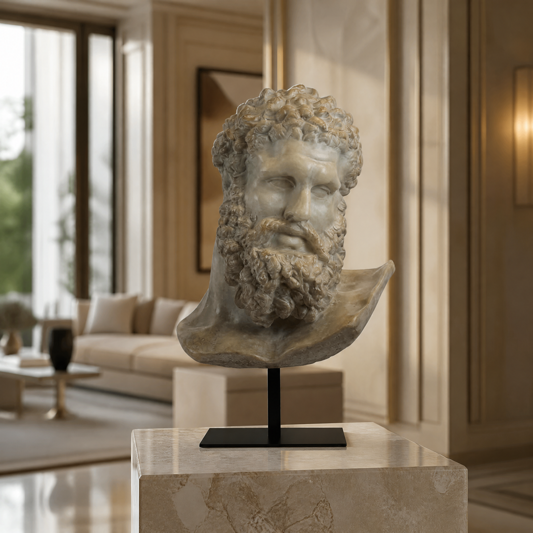 The VORELLI Ercole Hercules bust decor with an aged plaster finish styled elegantly on a contemporary residential living room console table.