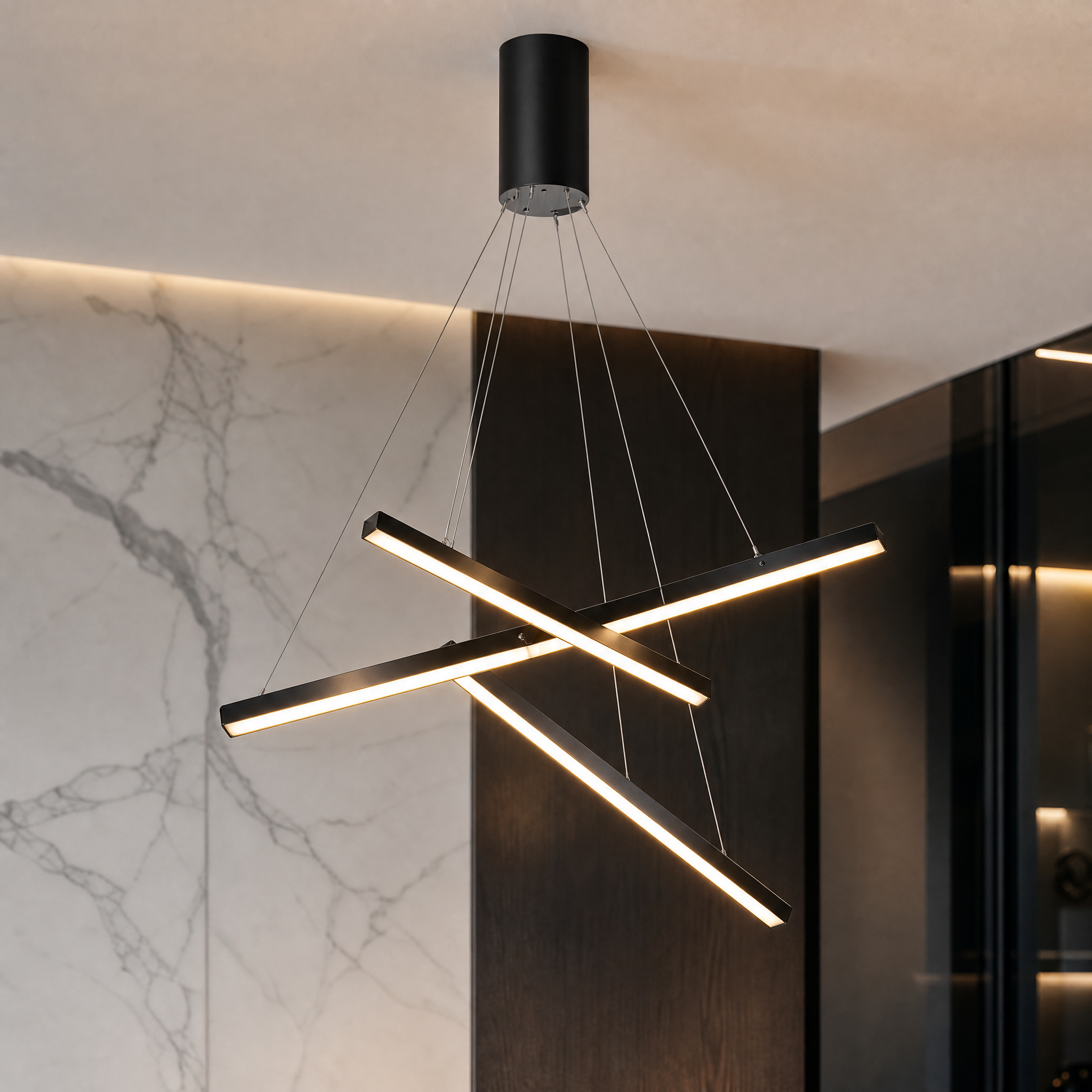 A detailed macro shot of the Esher Circular Chandelier by Vorelli, highlighting the premium craftsmanship, linear pendants, and sophisticated modern LED finishes.