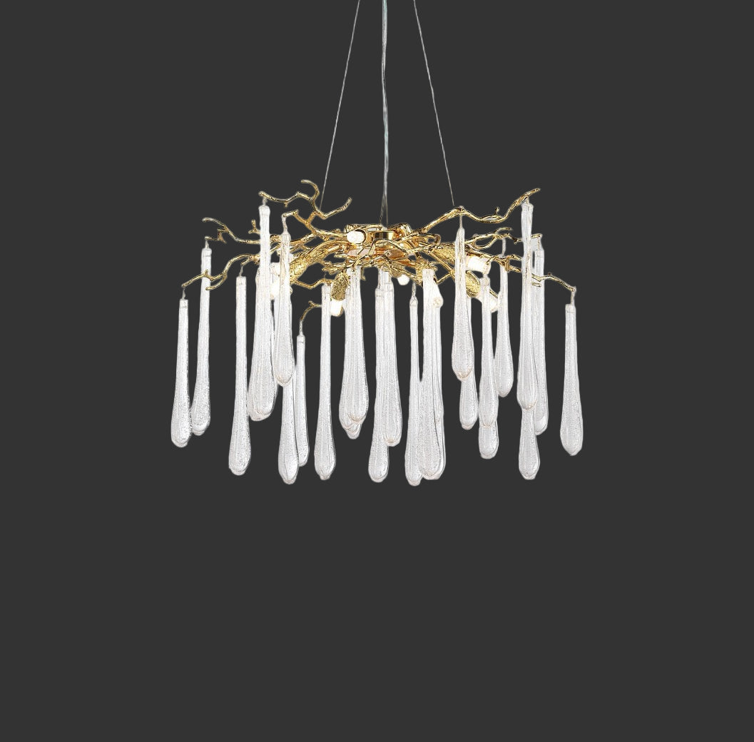 Farella circular chandelier showcasing suspended glass droplets