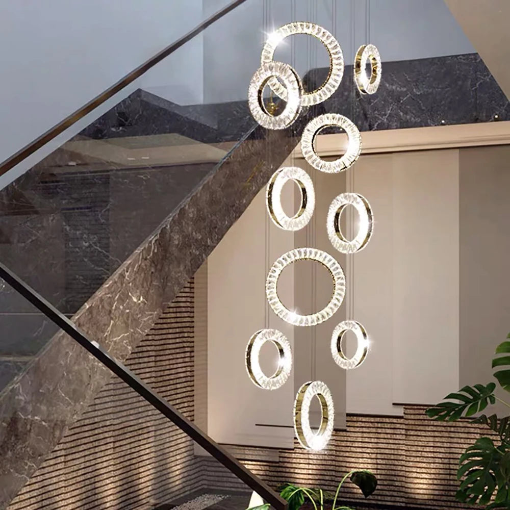 Farnham pendant staircase chandelier with diamond cut crystal ring pendants