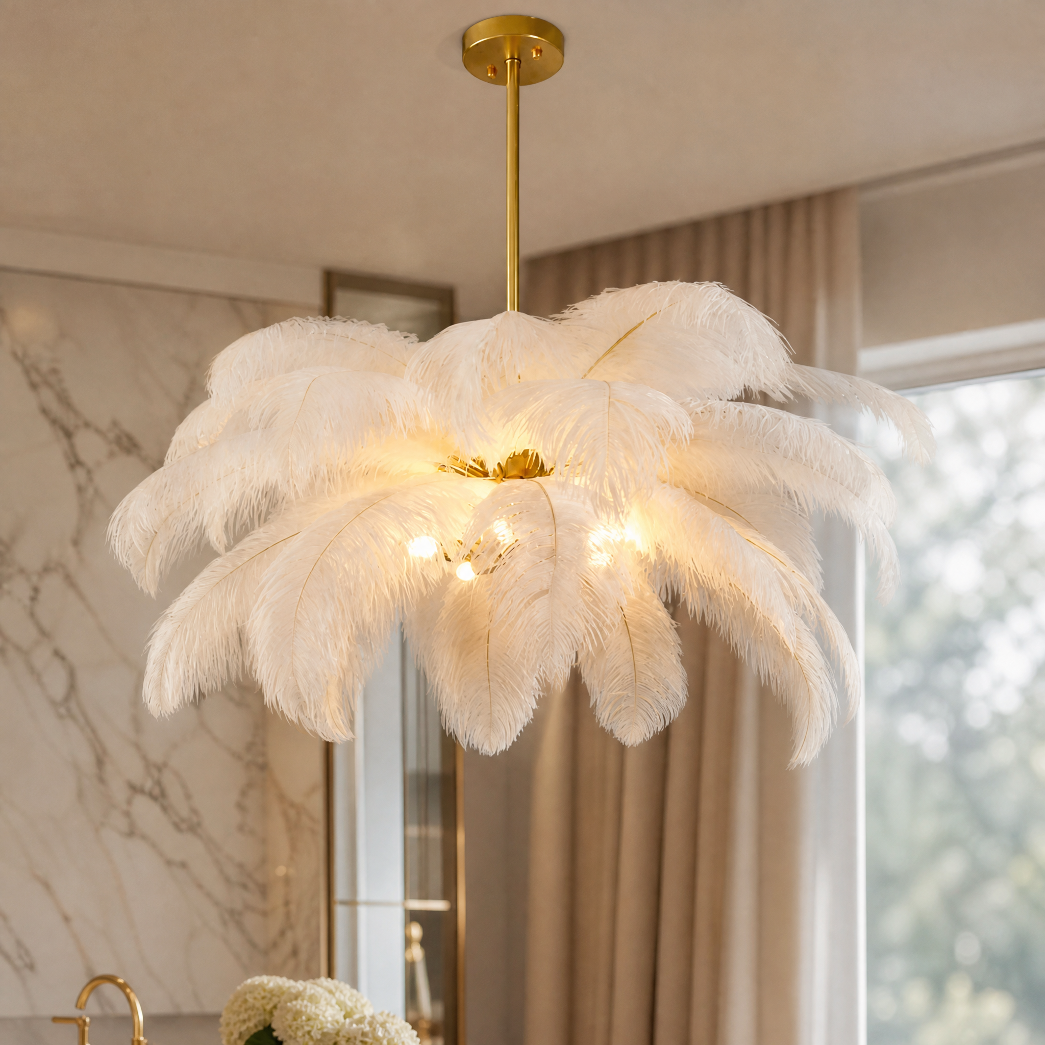 A detailed closeup showing the exquisite, soft texture of the unique feathers on the VORELLI contemporary pendant light.