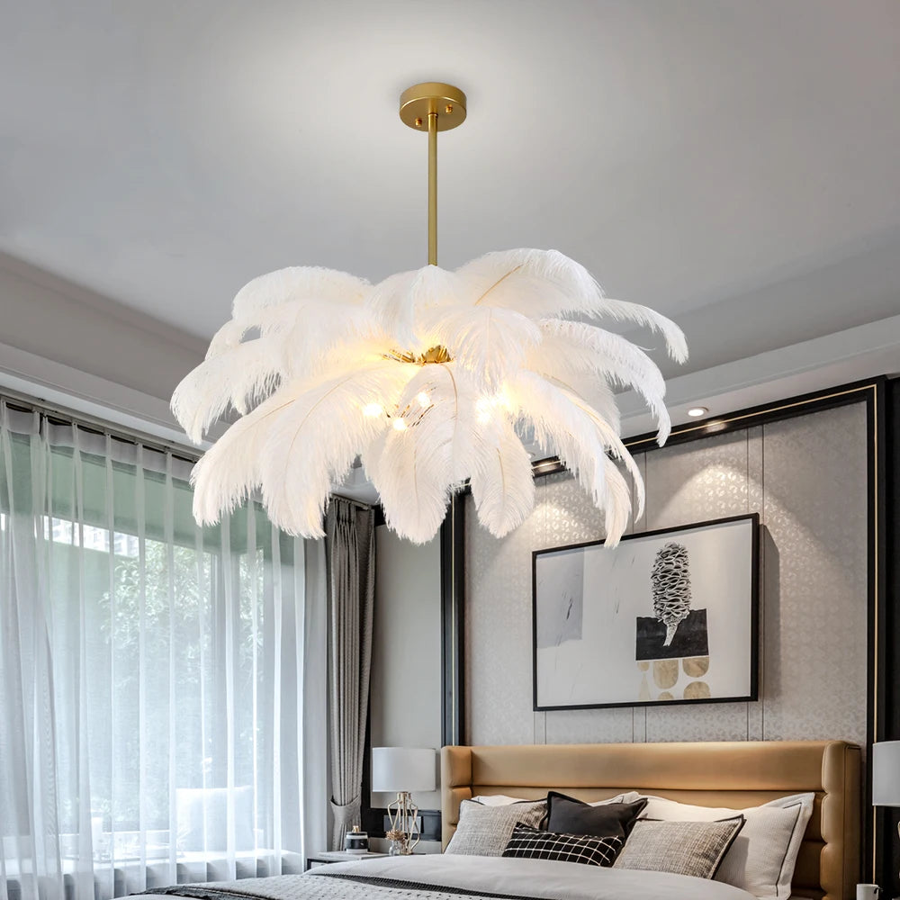 Luxury feather pendant ceiling light in elegant bedroom interior