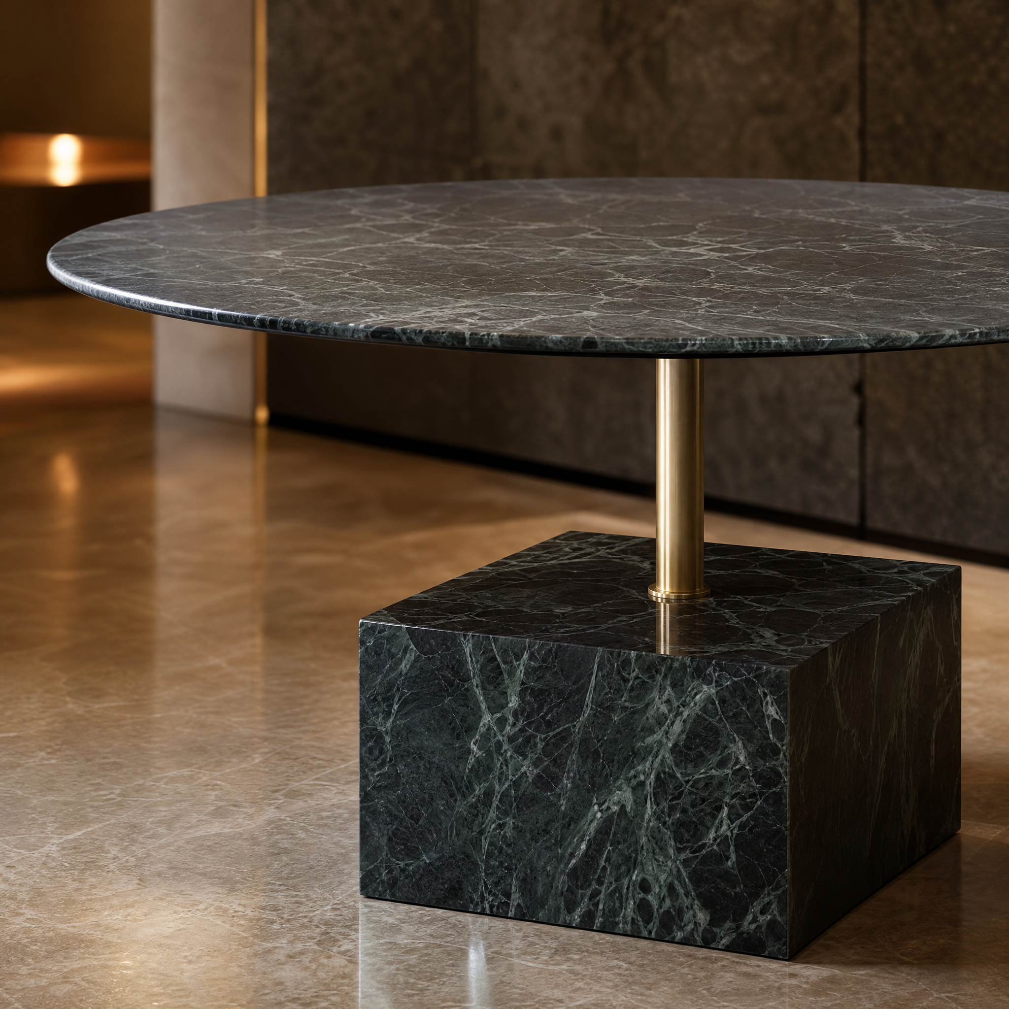 Detailed closeup of the premium round marble top and sleek brass support of the VORELLI Fenicino dining table.