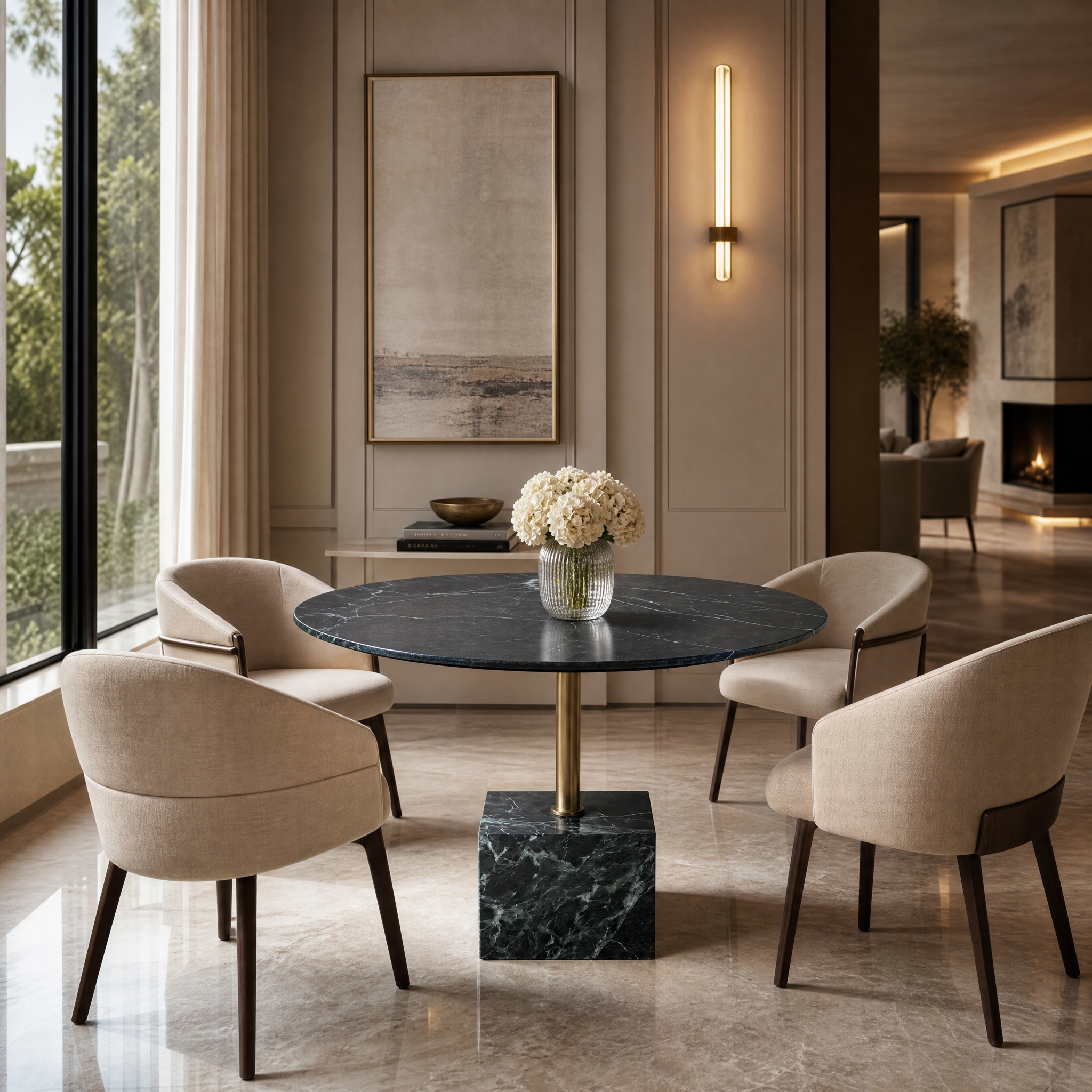 VORELLI Fenicino 100cm round marble dining table with brass pedestal base styled in a modern luxury apartment dining room.