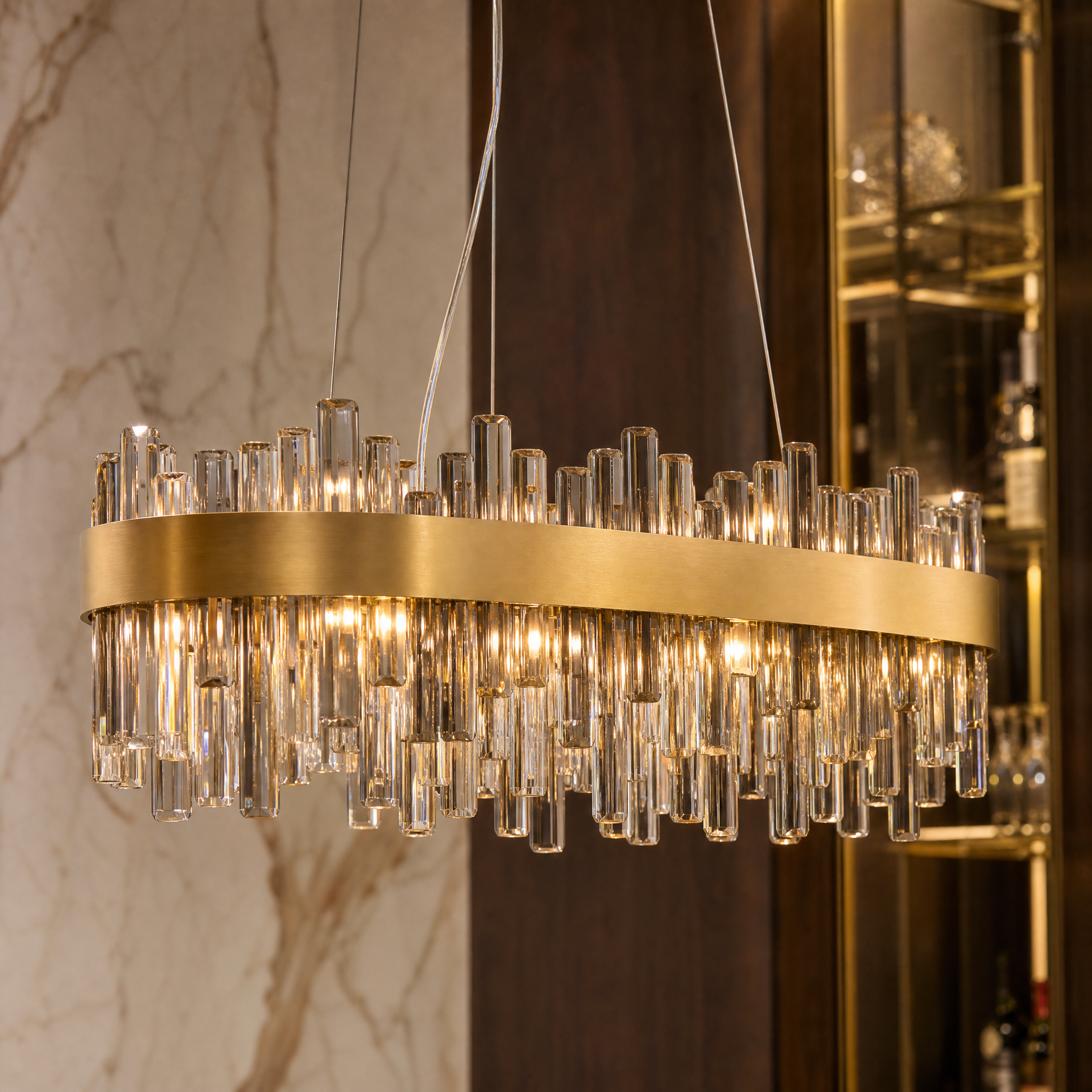 Macro view of the VORELLI Figueroa rectangular chandelier showing the striking contrast between clear and smoky grey diamond cut crystals against a sleek stainless steel frame.