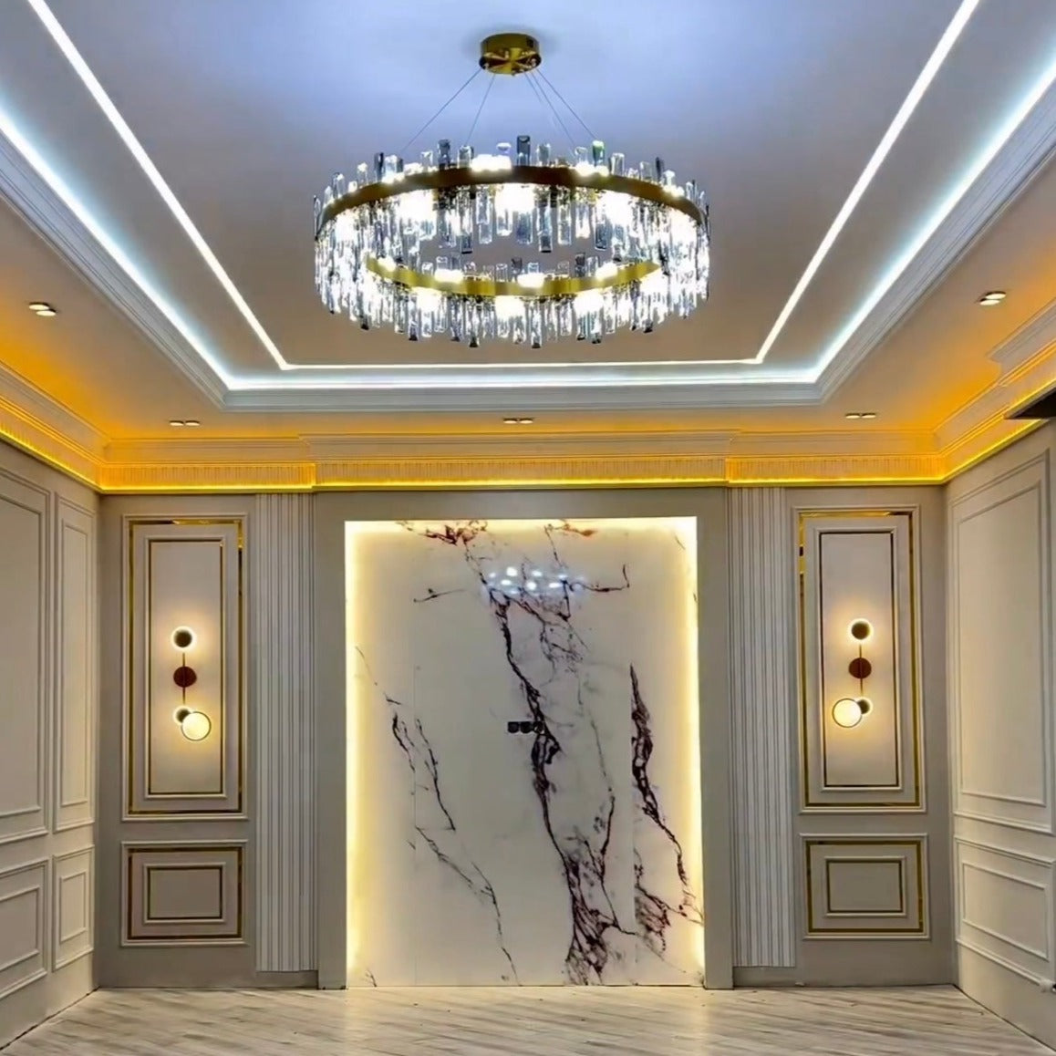 Luxury circular chandelier with clear and smoky grey crystals