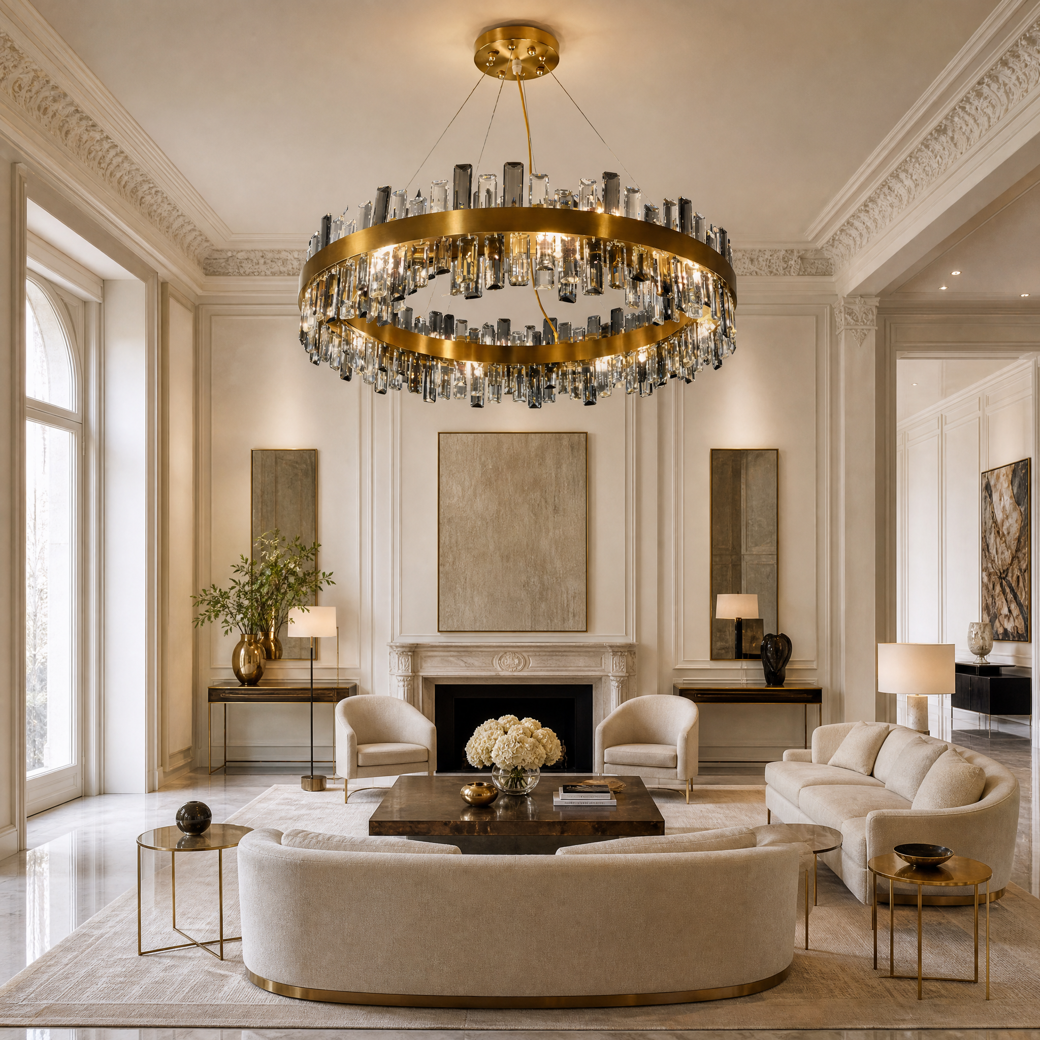 VORELLI Figueroa circular crystal chandelier installed as a luxury centrepiece in a sophisticated residential living room interior.