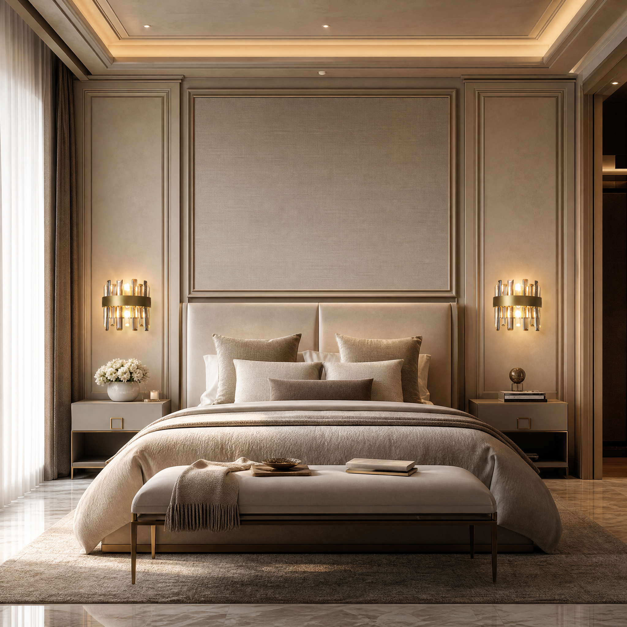 VORELLI Figueroa wall light with clear and smoky grey diamond cut crystals installed in a modern luxury residential living room.