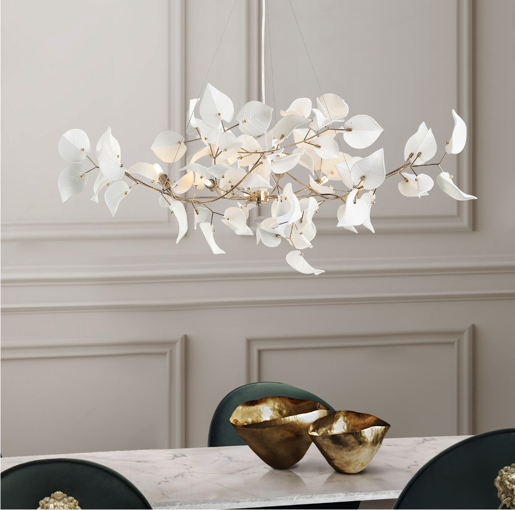 Fiorella Rectangular Chandelier by VORELLI® suspended above a luxury dining table in a contemporary interior