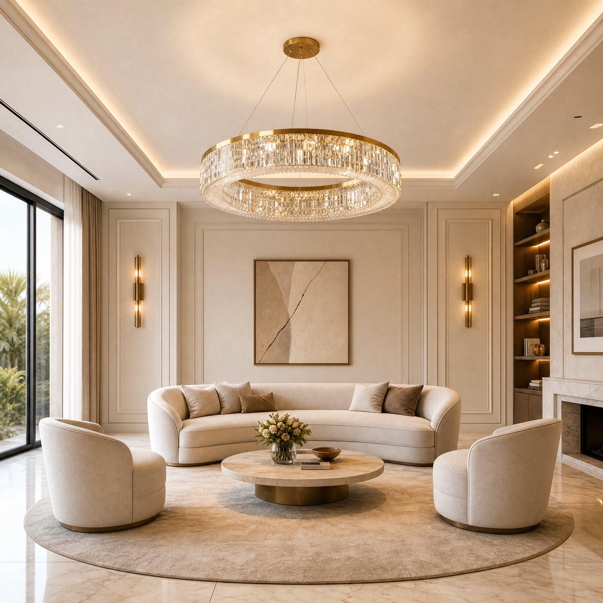 VORELLI Fira circular crystal chandelier casting a warm, luxurious glow in a contemporary residential living room setting.