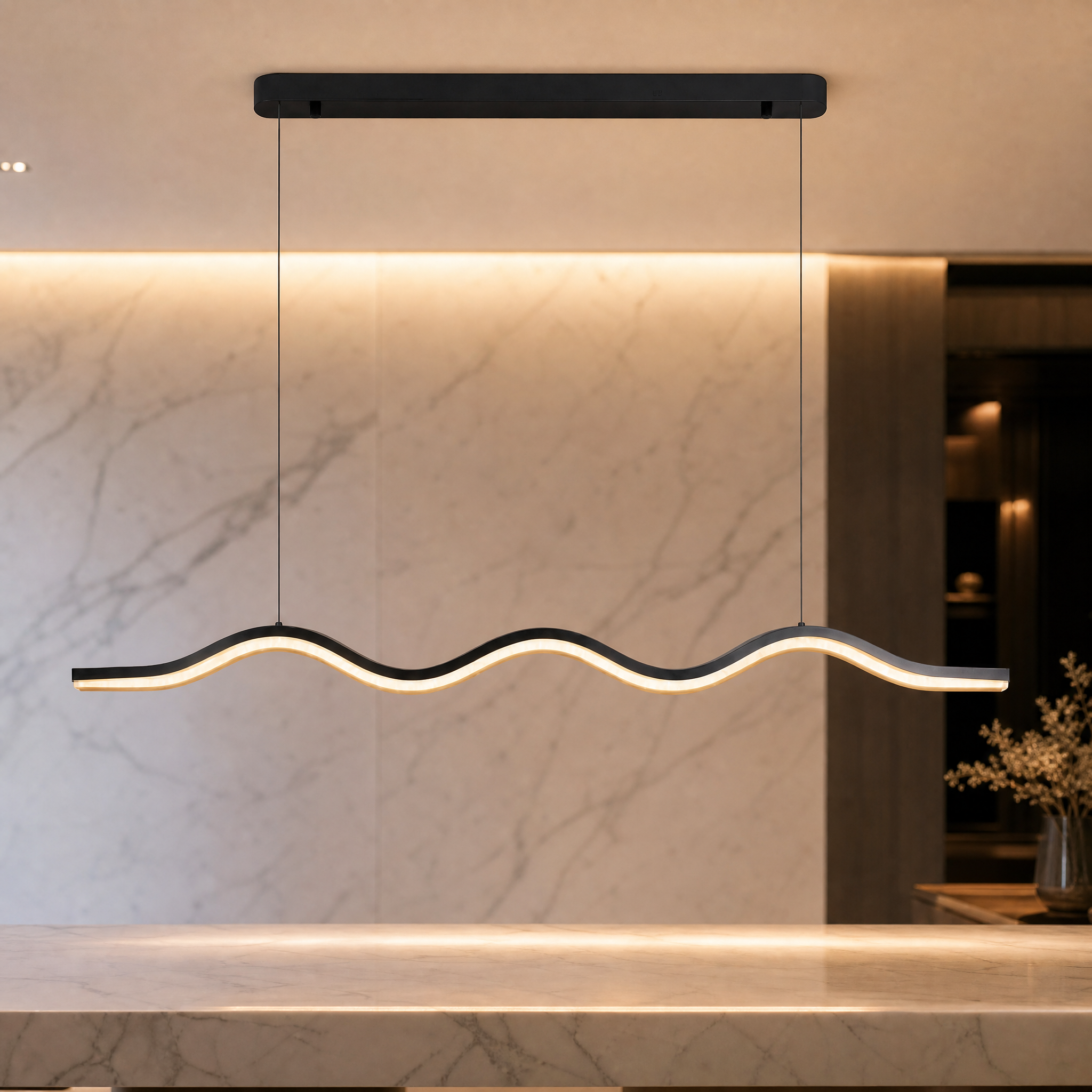Close-up detail of the diamond-cut crystals and sculptural wave silhouette on the luxury VORELLI Formosa Rectangular Chandelier.