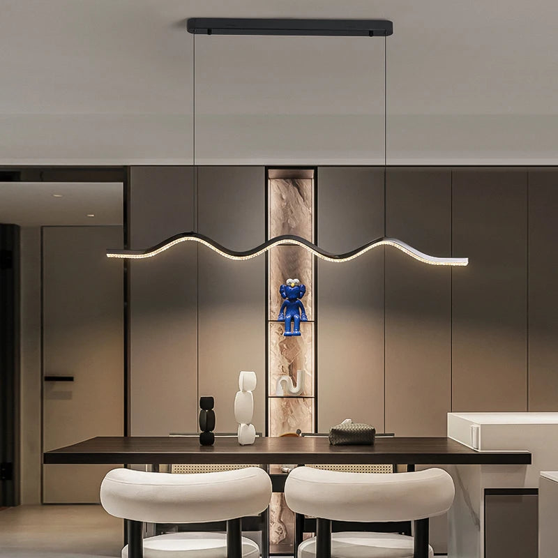 Formosa rectangular chandelier suspended over modern kitchen island
