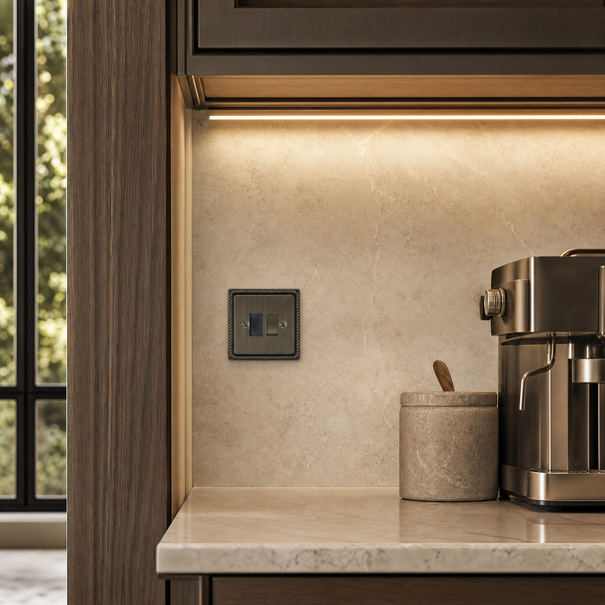 Luxury antique brass fused spur installed within discreet below-cabinet utility or kitchen appliance zone in a high-end residence in a UHNW interior by VORELLI®.