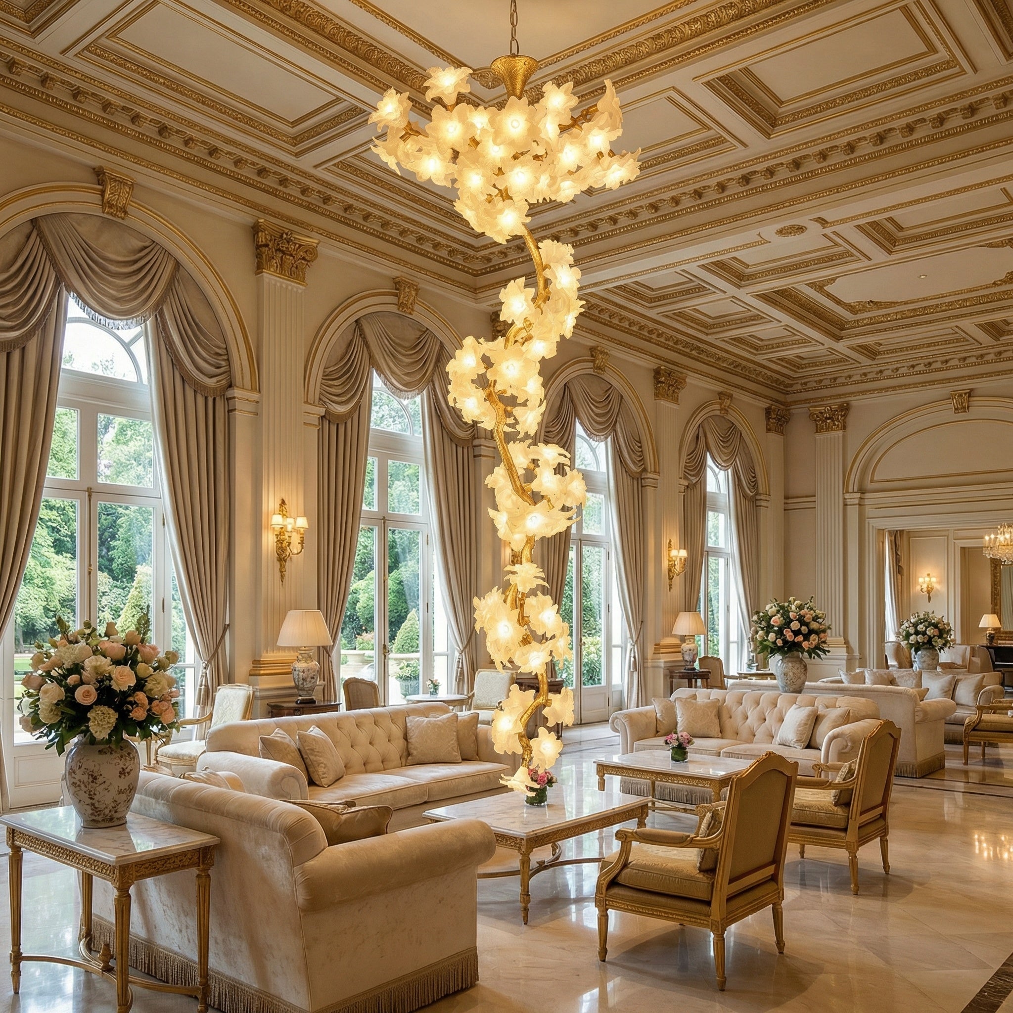 VORELLI® Gardenia linear staircase chandelier with illuminated floral glass design creating elegant luxury lighting for grand interiors and double-height spaces