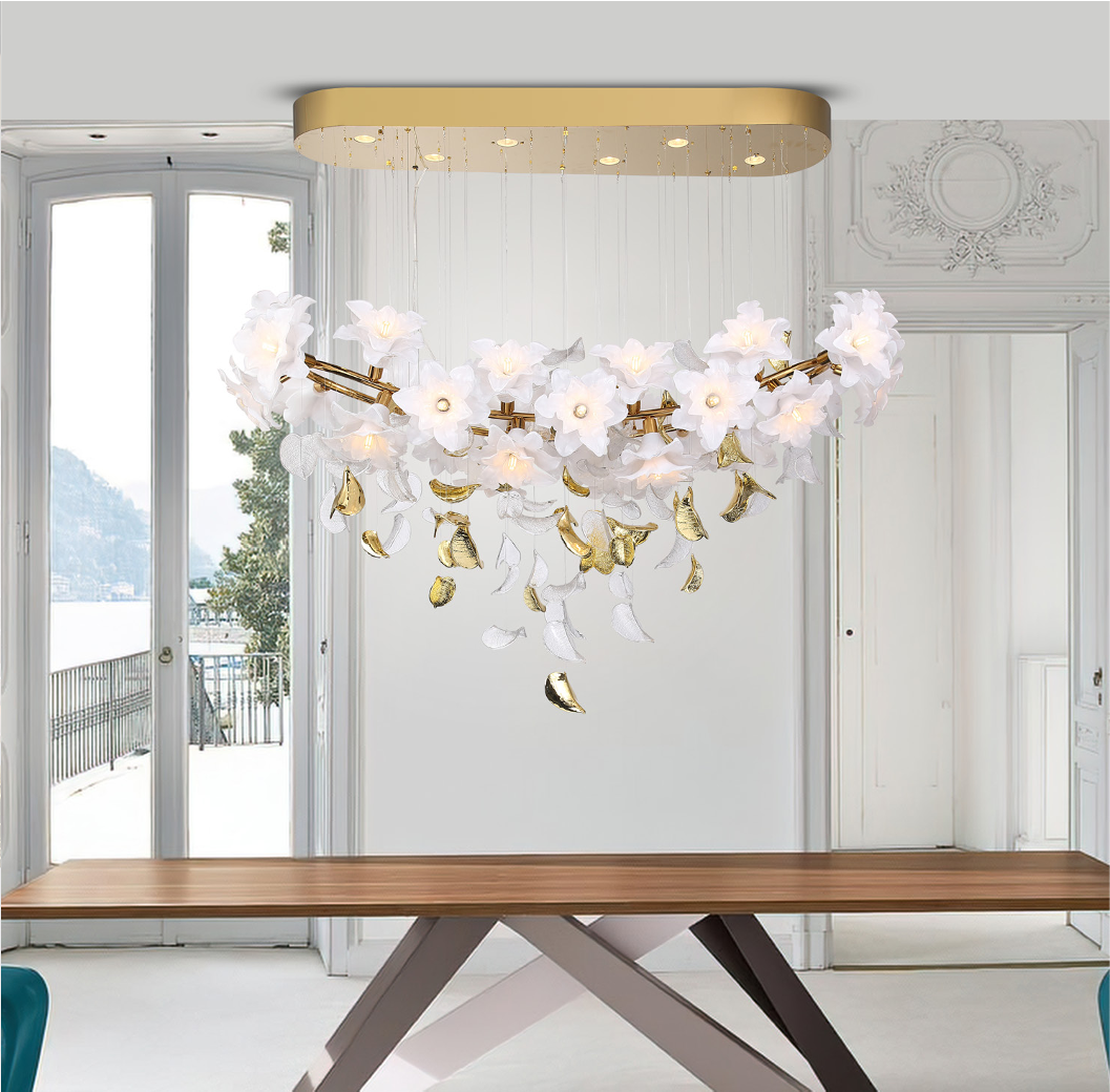 Gardenia Rectangular Chandelier II by VORELLI® styled above a luxury dining table
