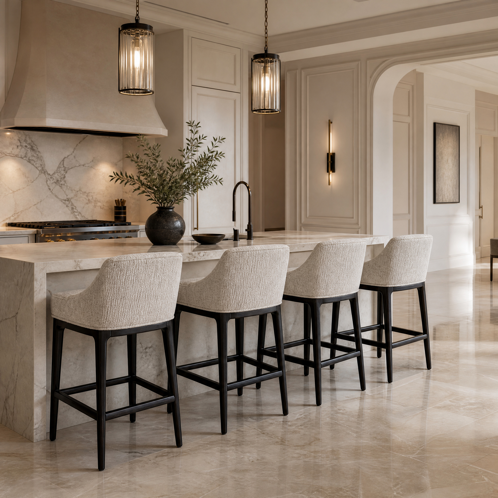 VORELLI Garevo cream upholstered bar stool adding a touch of sophisticated comfort and understated elegance to a luxury kitchen counter in a contemporary home.
