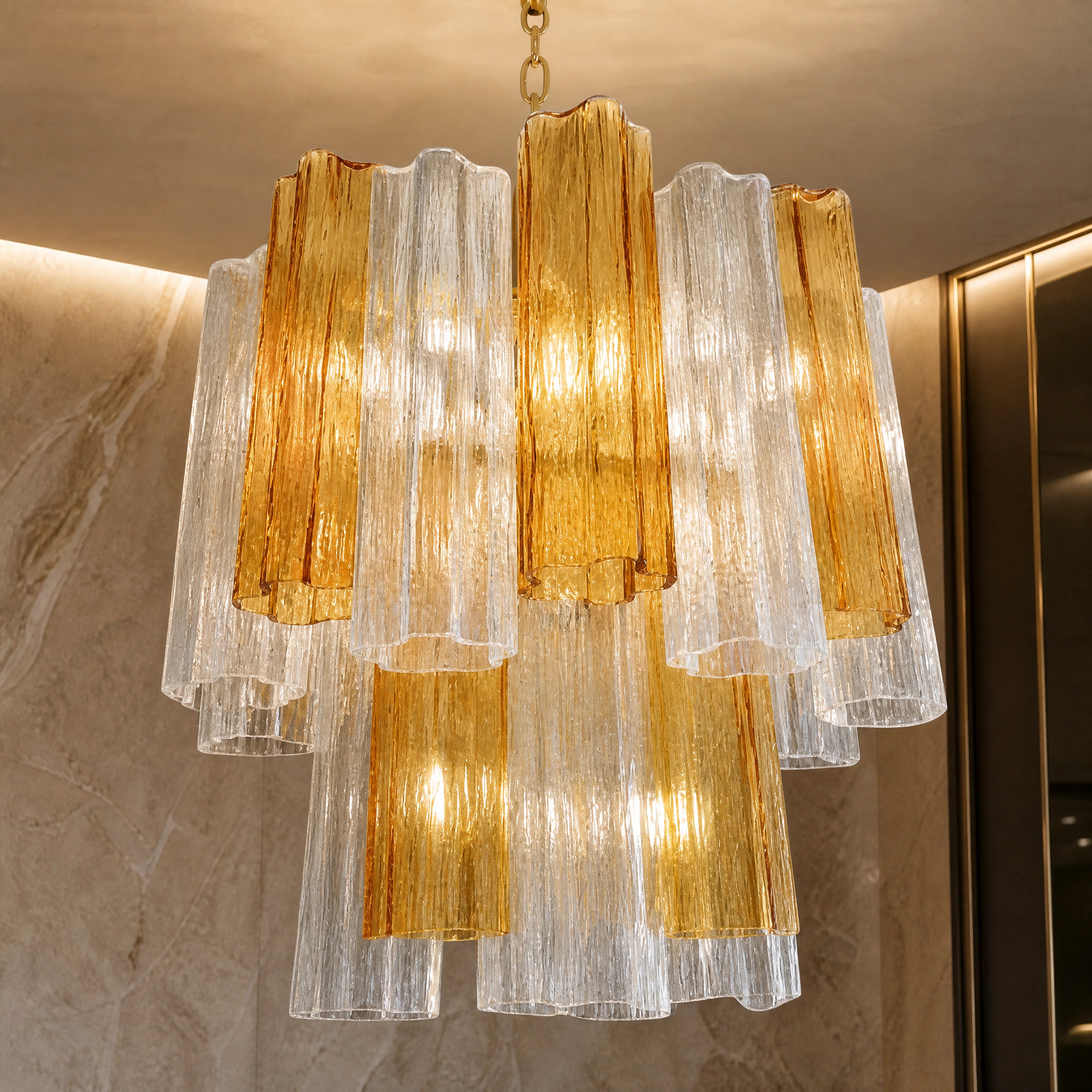 Gioia Tronchi Murano Glass Circular Chandelier close-up luxury lifestyle hero image by VORELLI