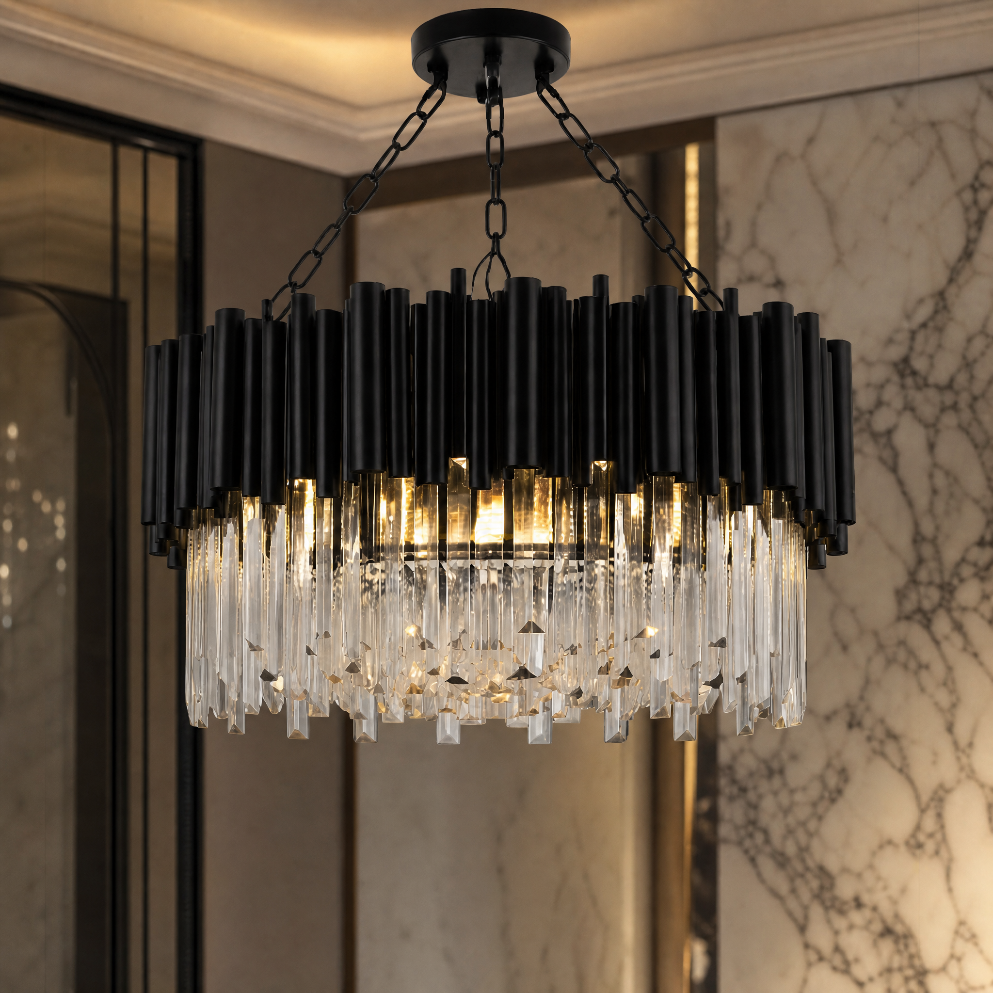A detailed close-up showcasing the premium materials, intricate textures, and bold contemporary design elements of the VORELLI Gotham Circular Chandelier.