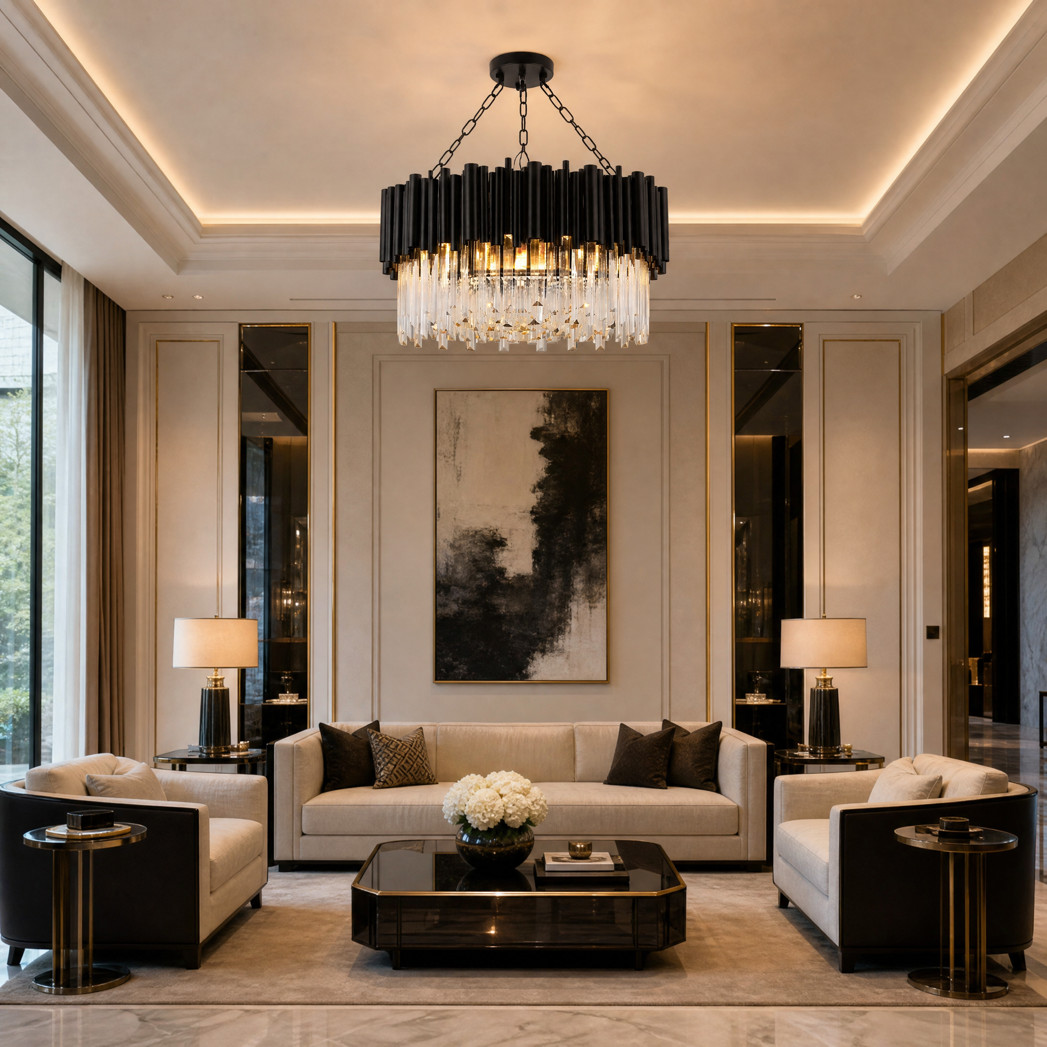 The VORELLI Gotham Circular Chandelier hanging as a modern luxury centerpiece in a contemporary residential living room, casting a warm and sophisticated glow.