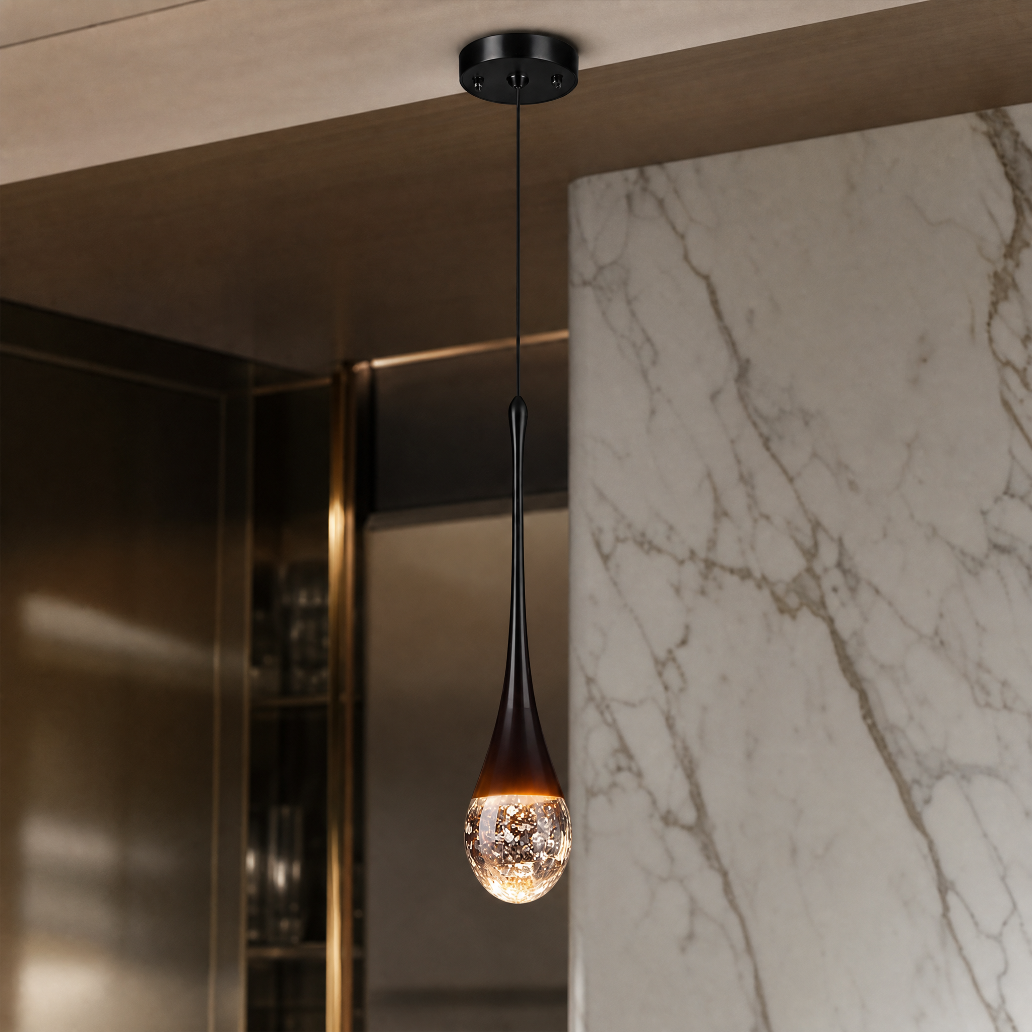 Close-up detail of the VORELLI Henley pendant light showcasing the intricate texture of the bubble glass and minimalist structure.