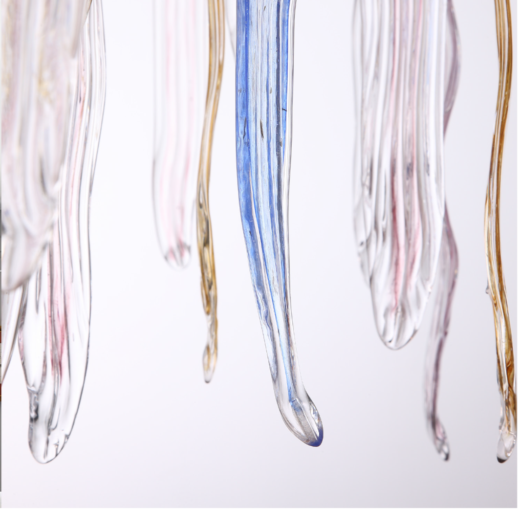 Close-up of hand-formed glass drops on the Icicle Ceiling Light II