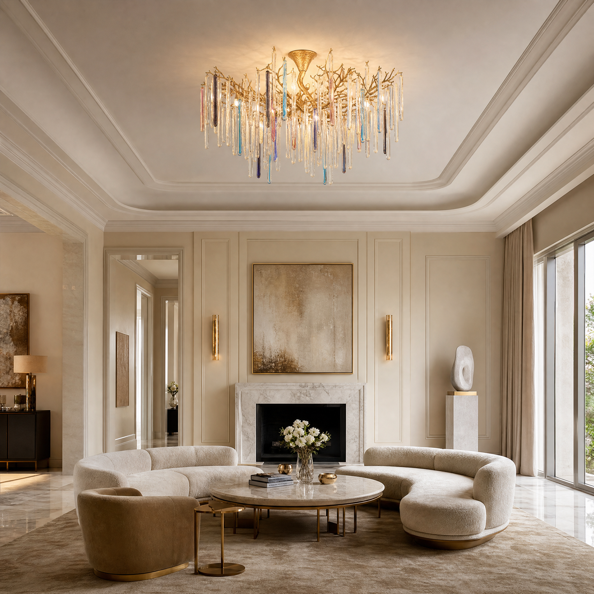 VORELLI Icicle Ceiling Light featuring cascading glass icicles installed in a luxury residential dining room