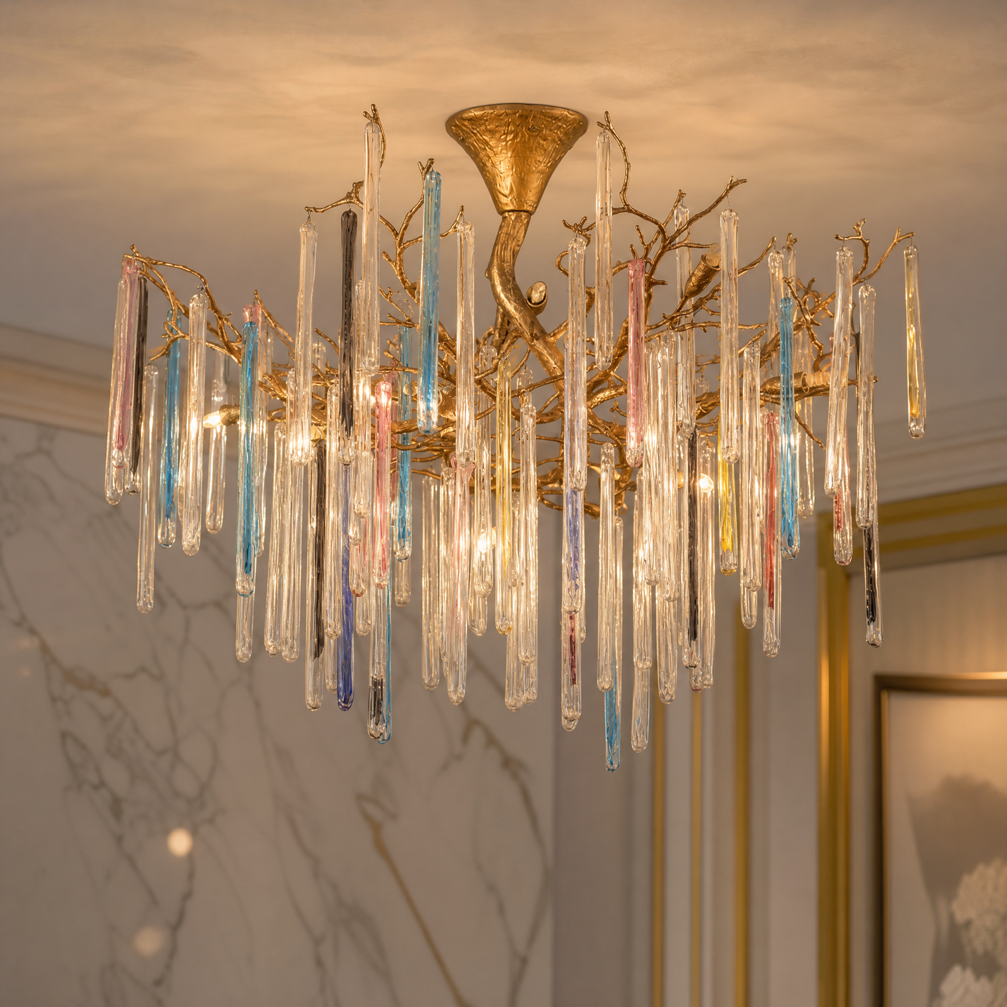 Close-up detail of artisanal glass icicles on the VORELLI sculptural ceiling light showing light refraction
