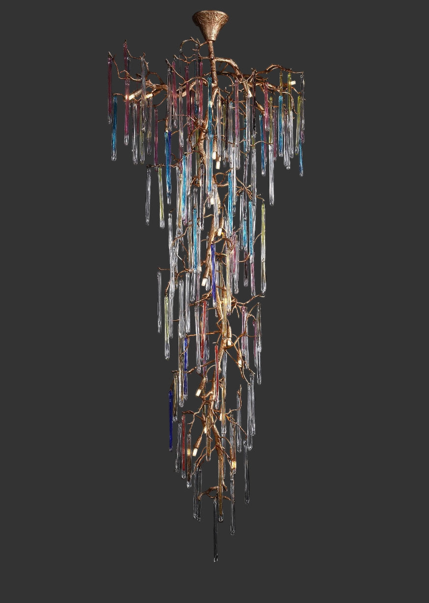 Luxury staircase chandelier with cascading icicle glass by VORELLI