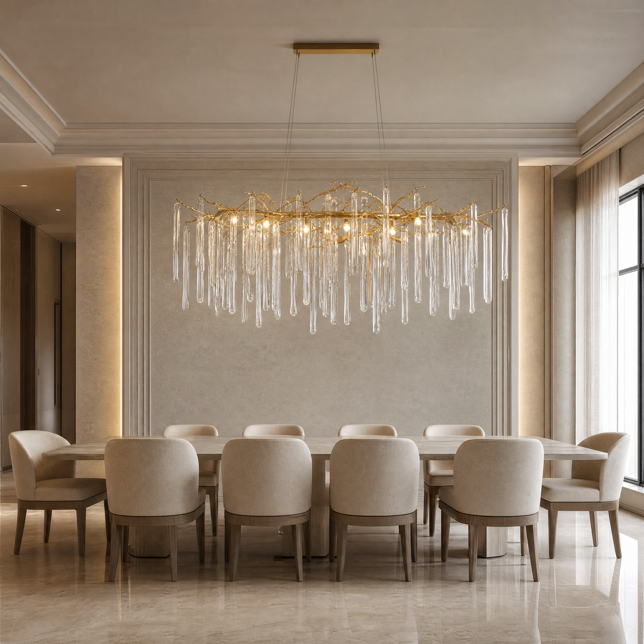 VORELLI Icicle Rectangular Chandelier hanging above a luxury dining table in a modern residential interior.
