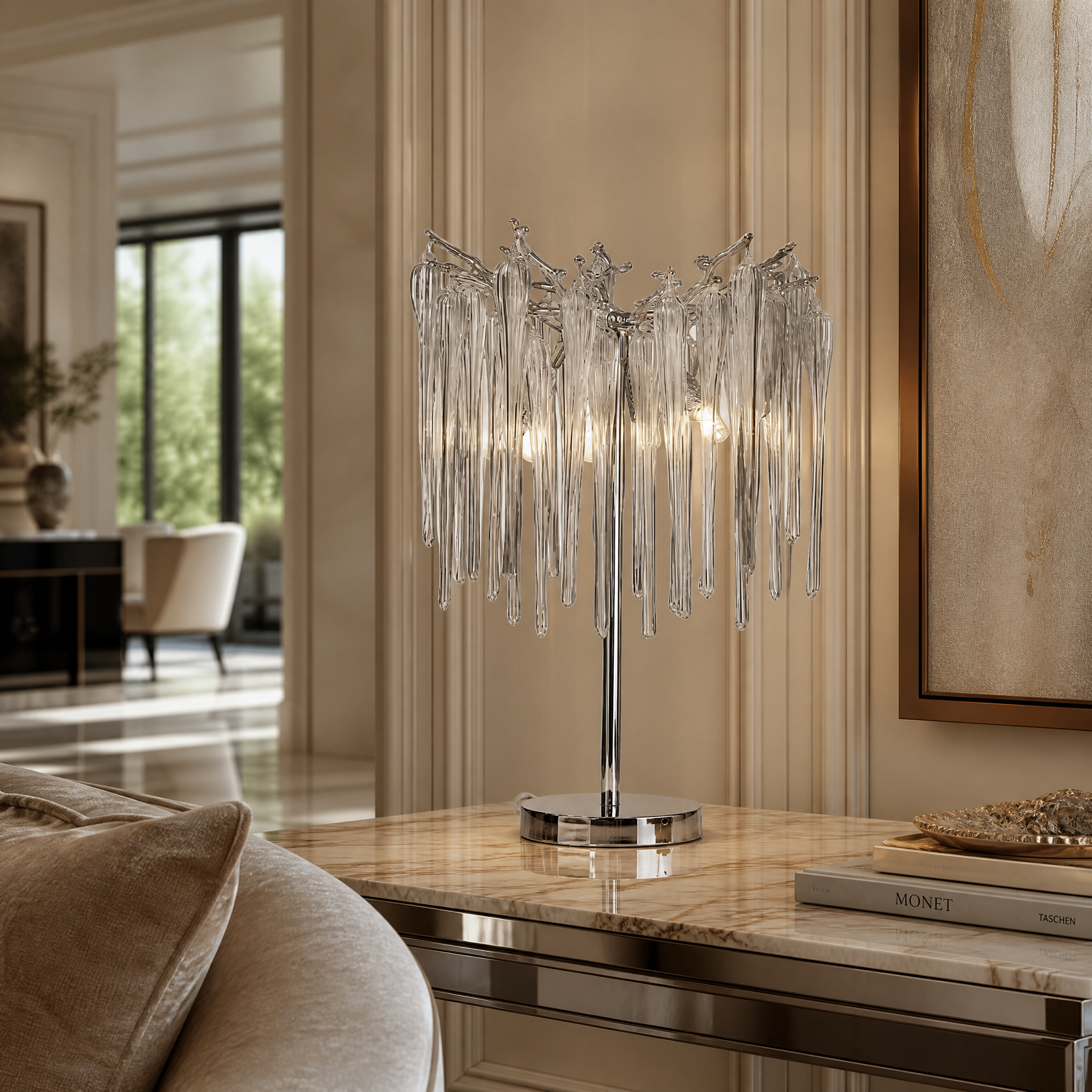 VORELLI Icicle Table Lamp casting a warm, atmospheric glow on a side table in a luxury residential living room setting.